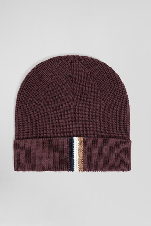 Burgundy knitted cotton beanie with tricolour details - Image 3