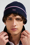 Navy blue cotton beanie with pink details