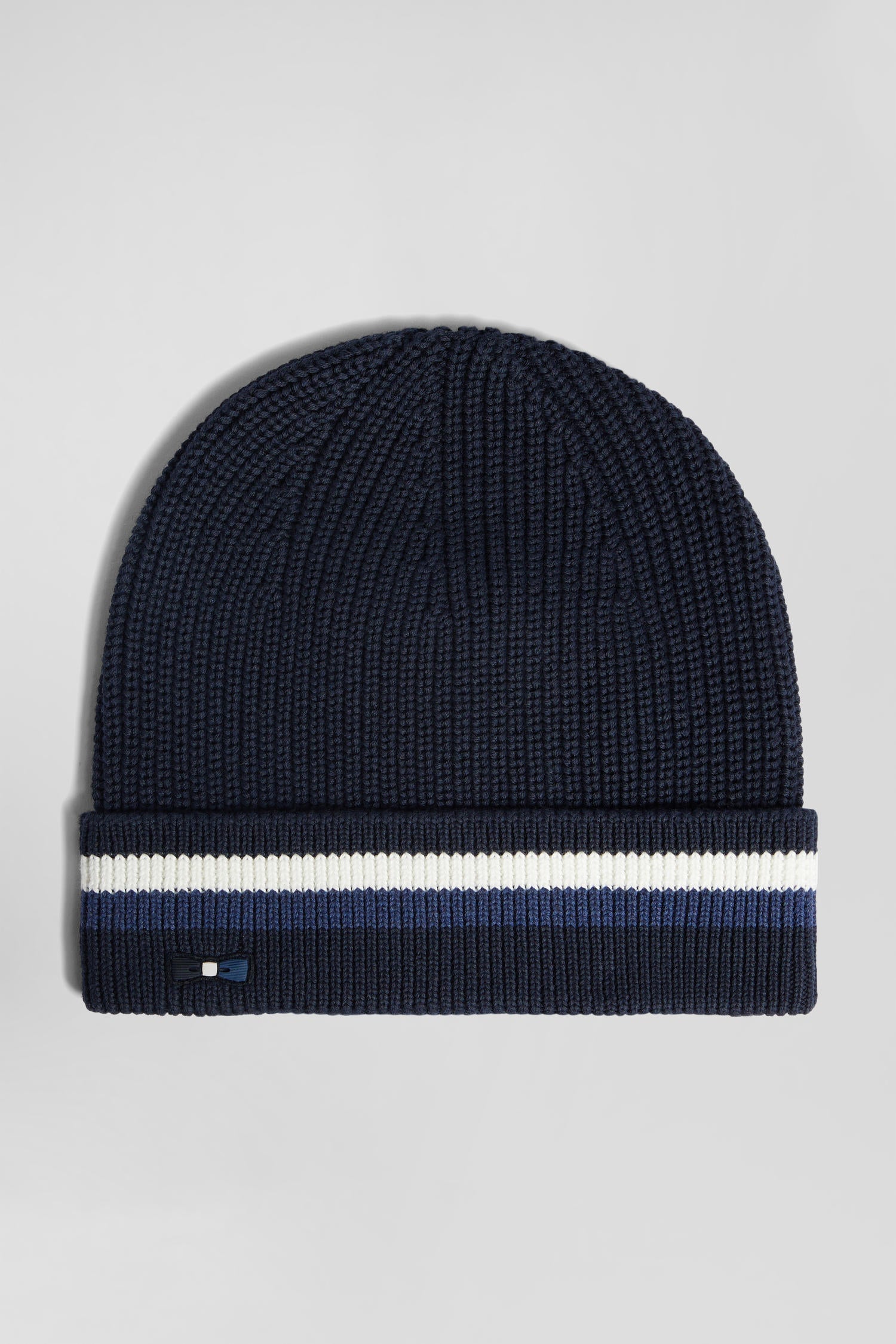 Navy blue cotton beanie with striped turn-up