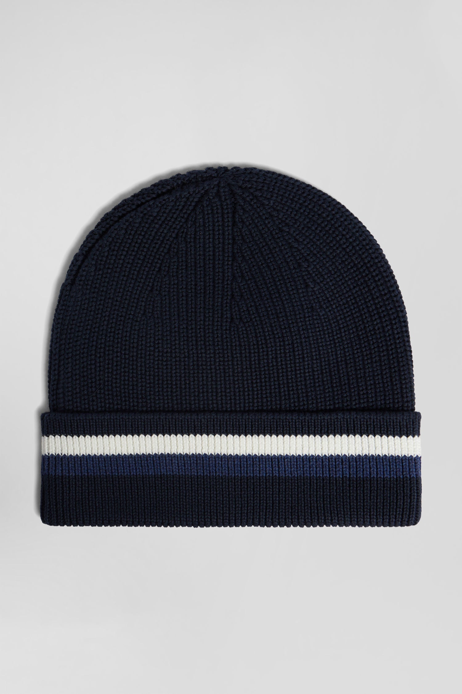 Navy blue cotton beanie with striped turn-up