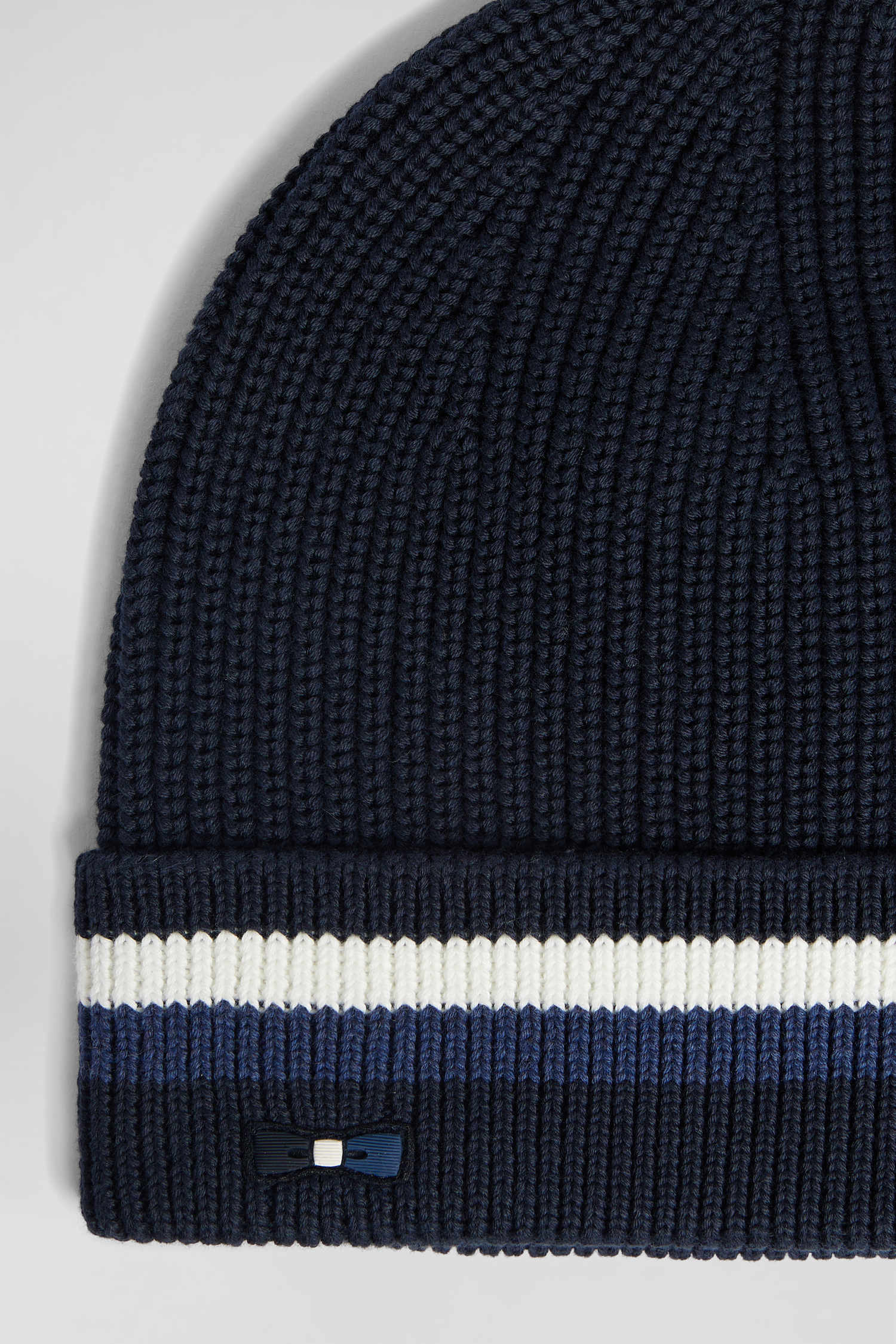 Navy blue cotton beanie with striped turn-up