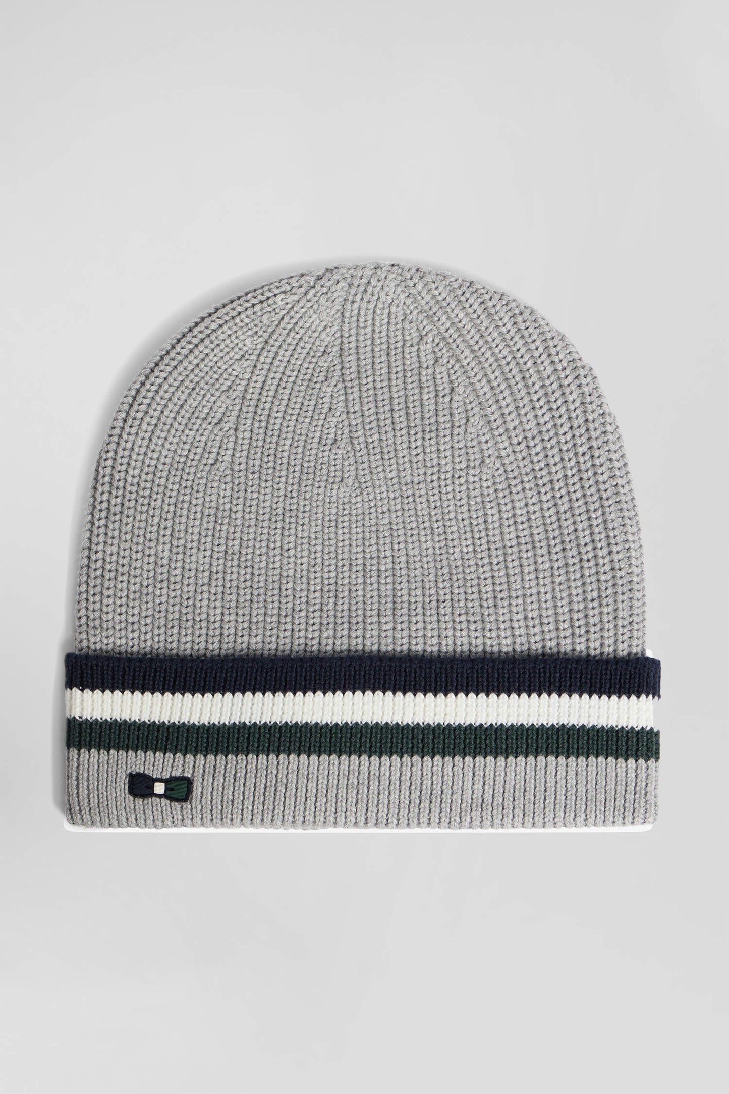 Grey cotton beanie with striped turn-up