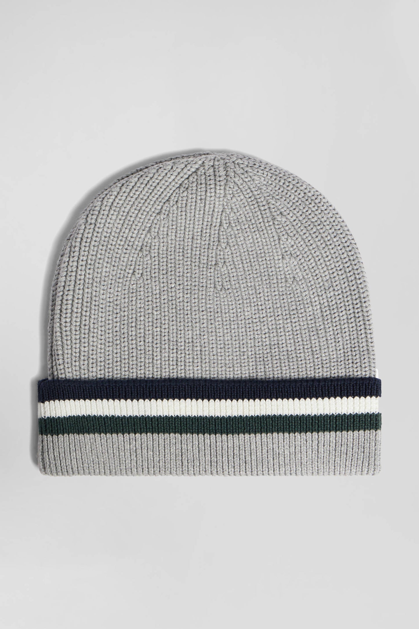 Grey cotton beanie with striped turn-up