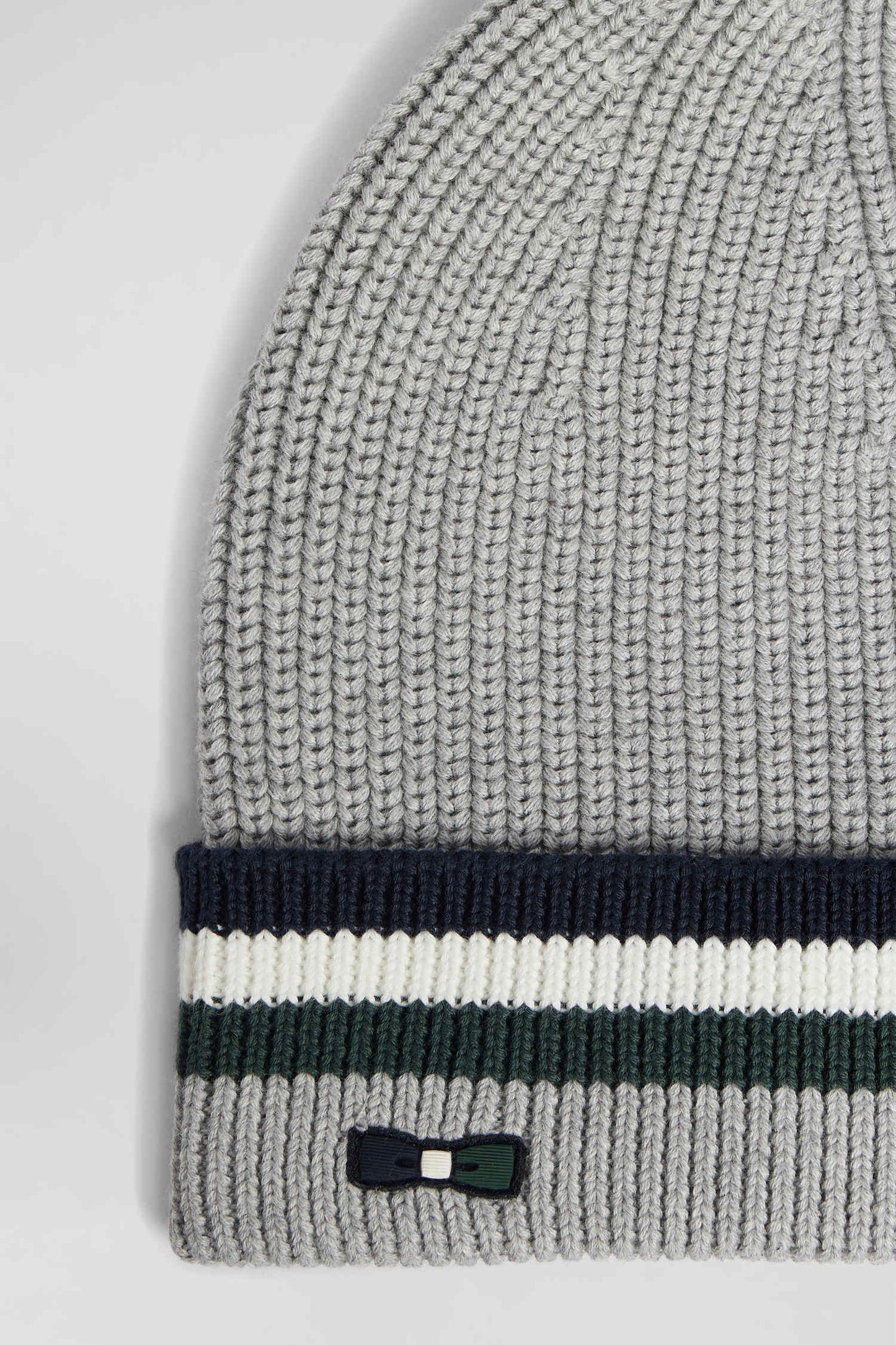 Grey cotton beanie with striped turn-up