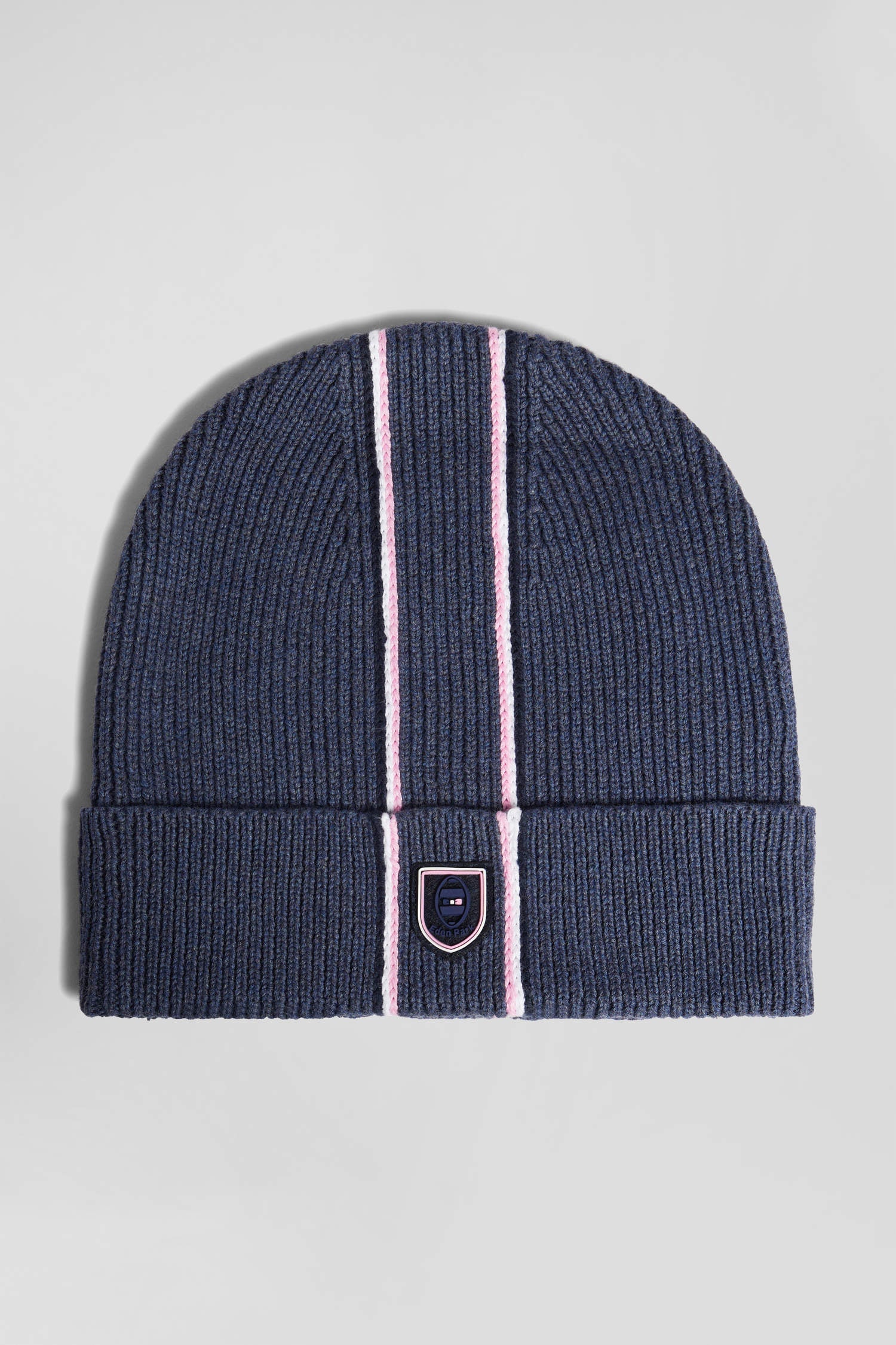 Navy blue cotton beanie with pink and white stripes