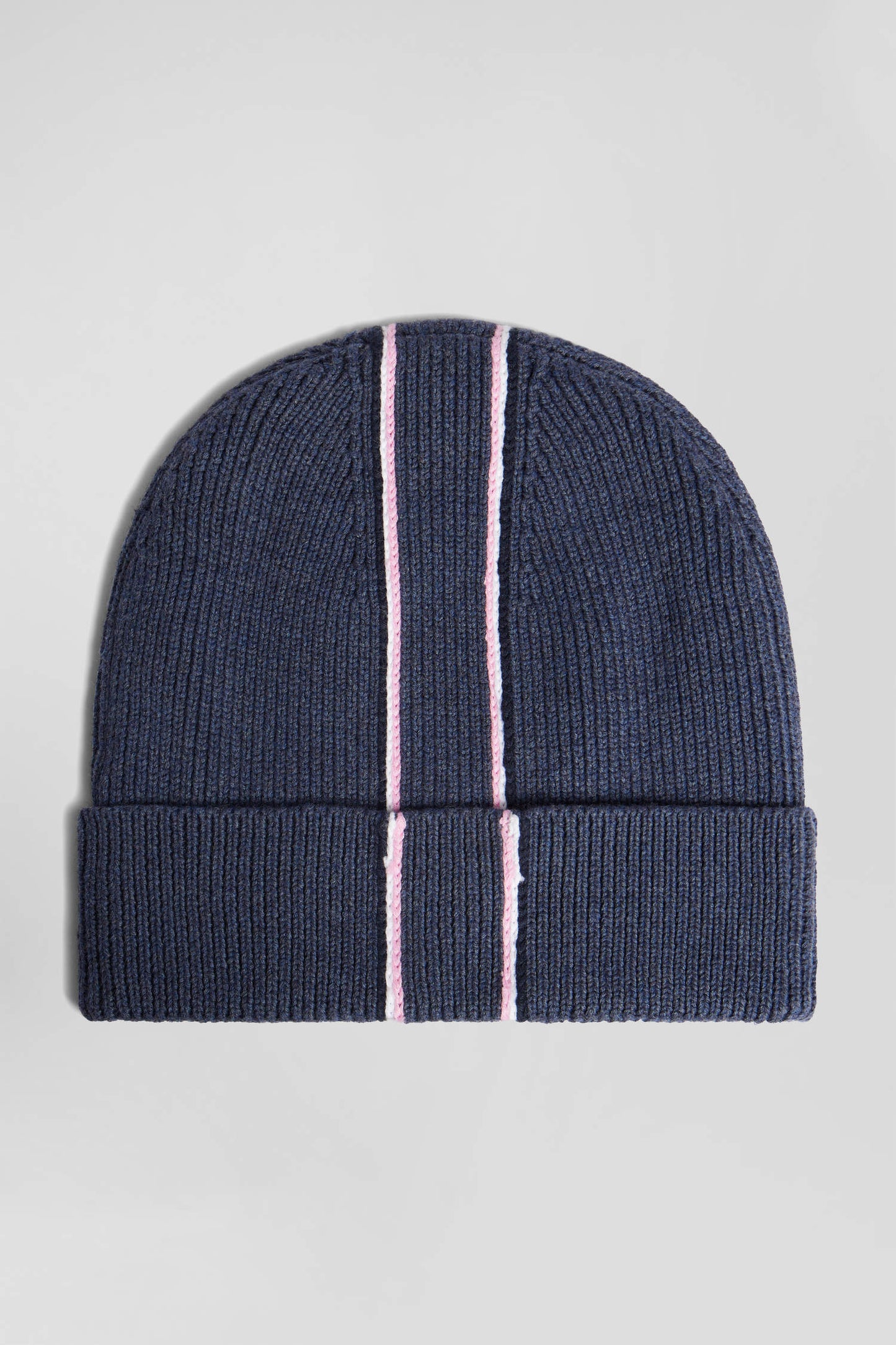 Navy blue cotton beanie with pink and white stripes