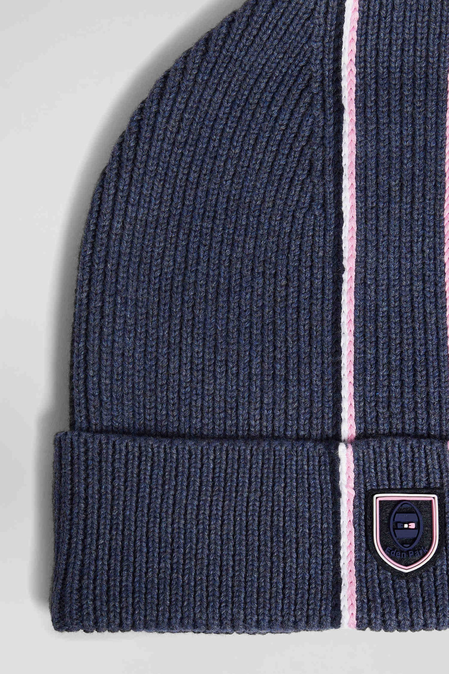 Navy blue cotton beanie with pink and white stripes