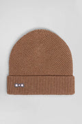 Plain camel cotton beanie with bow tie embroidery