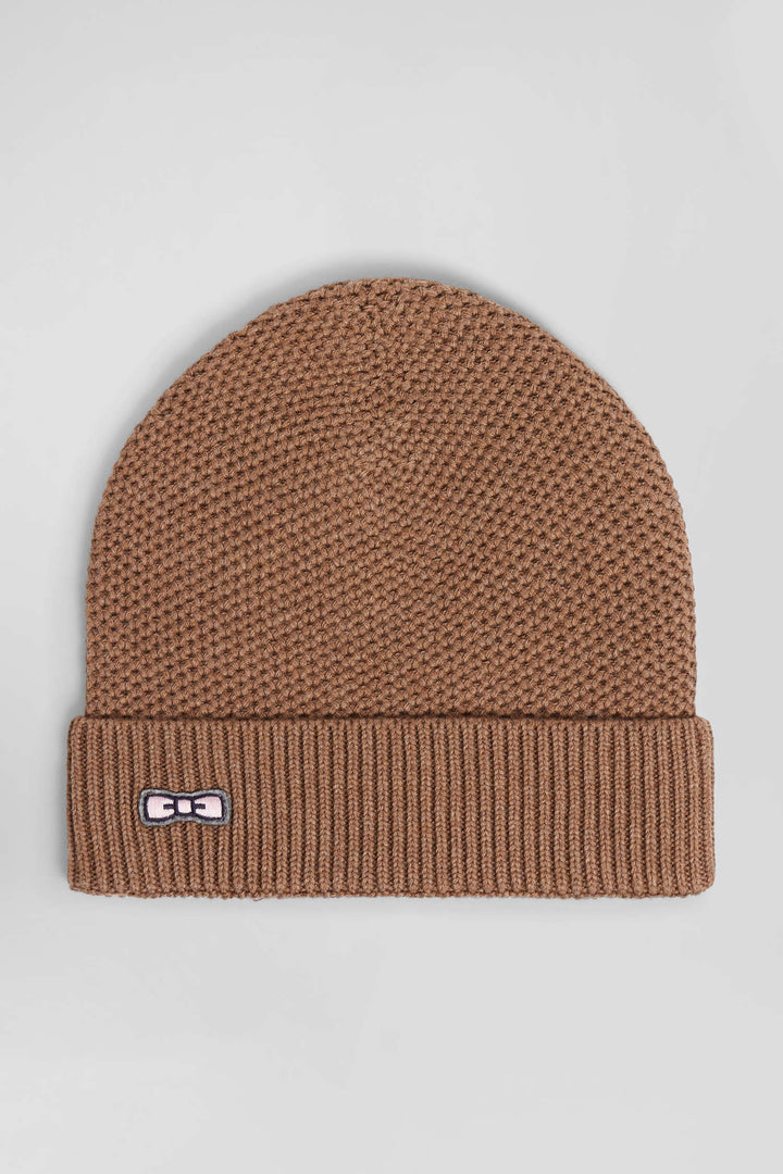 Plain camel cotton beanie with bow tie embroidery