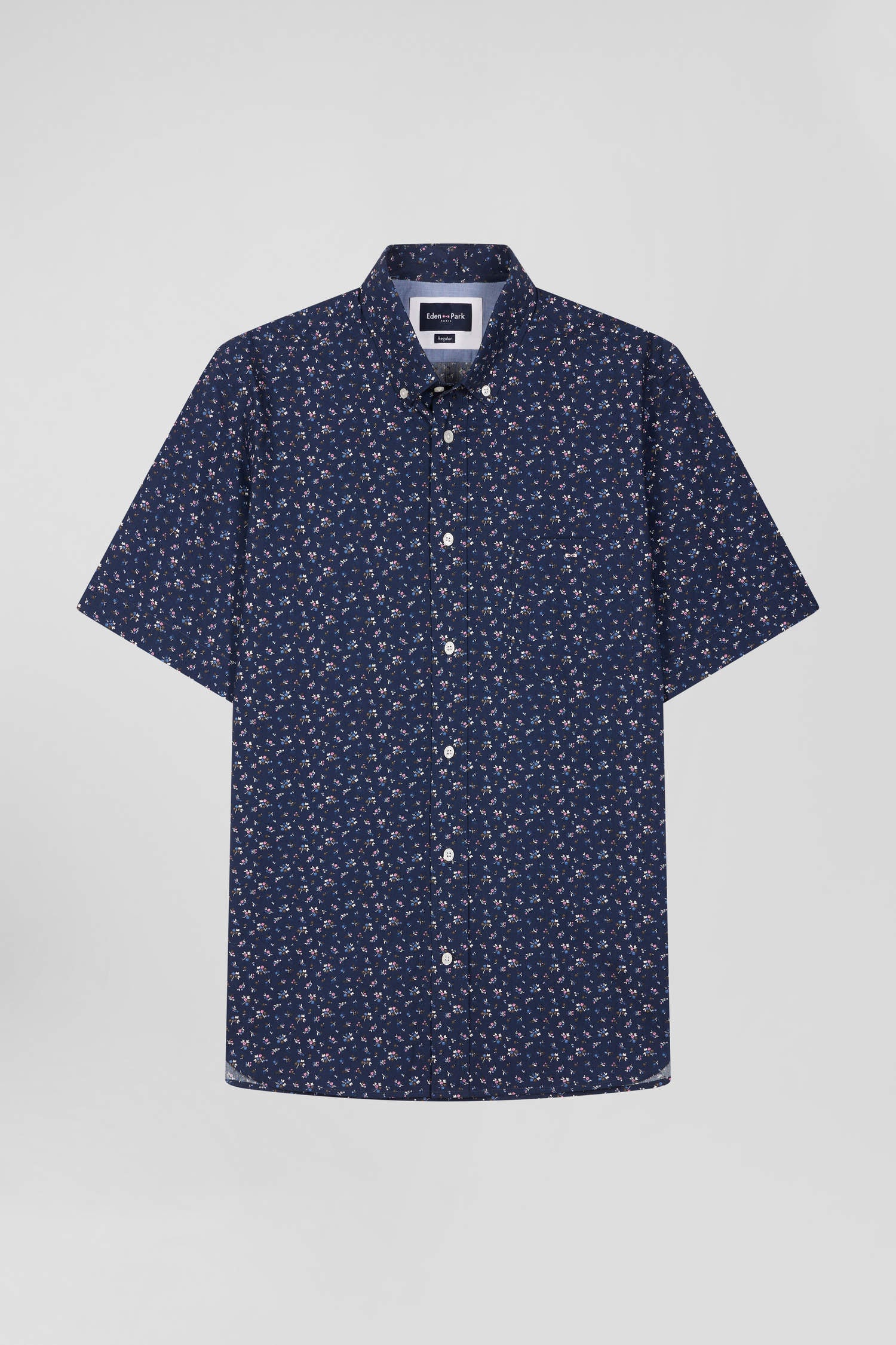 Regular navy blue cotton short-sleeved shirt with micro floral print