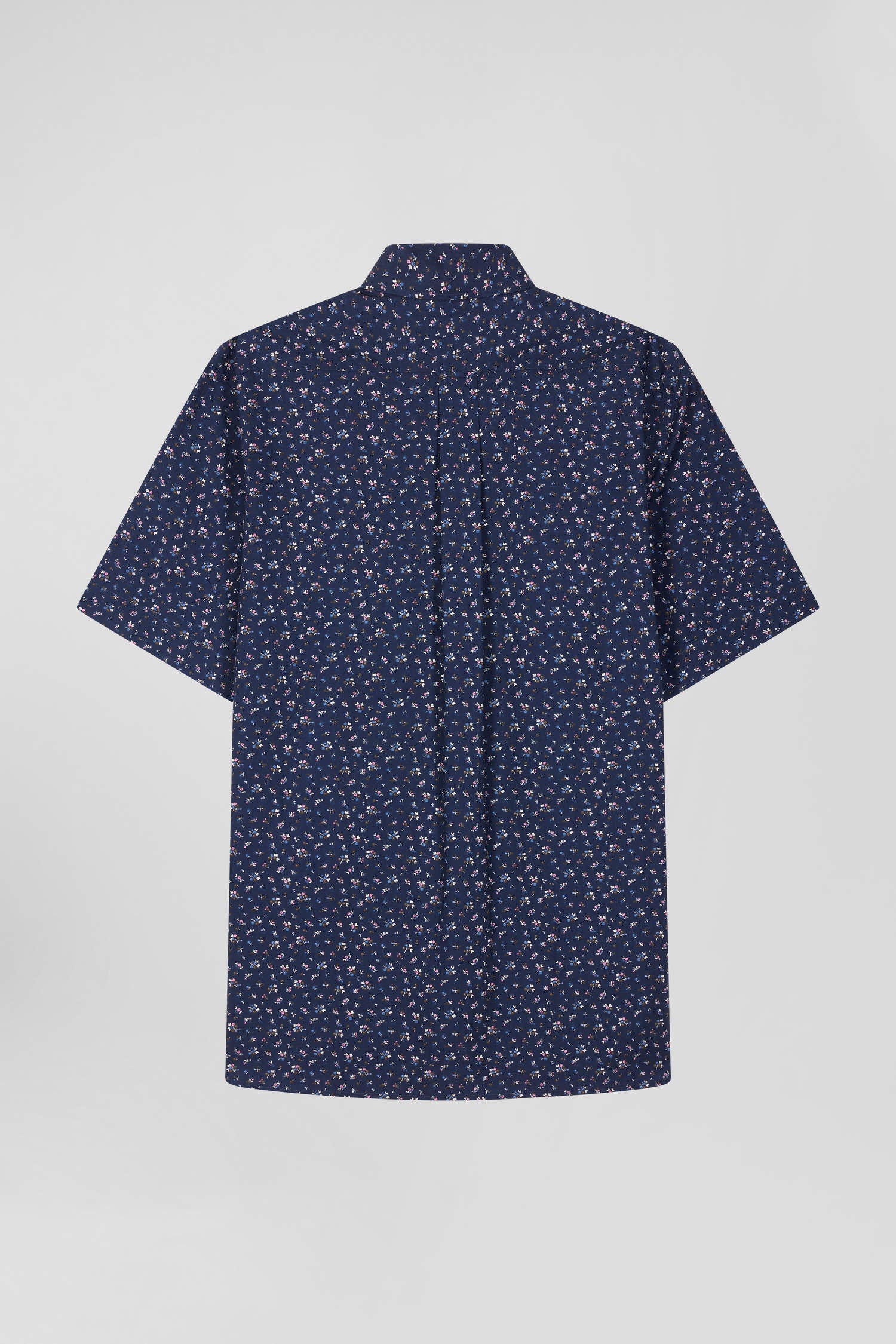 Regular navy blue cotton short-sleeved shirt with micro floral print