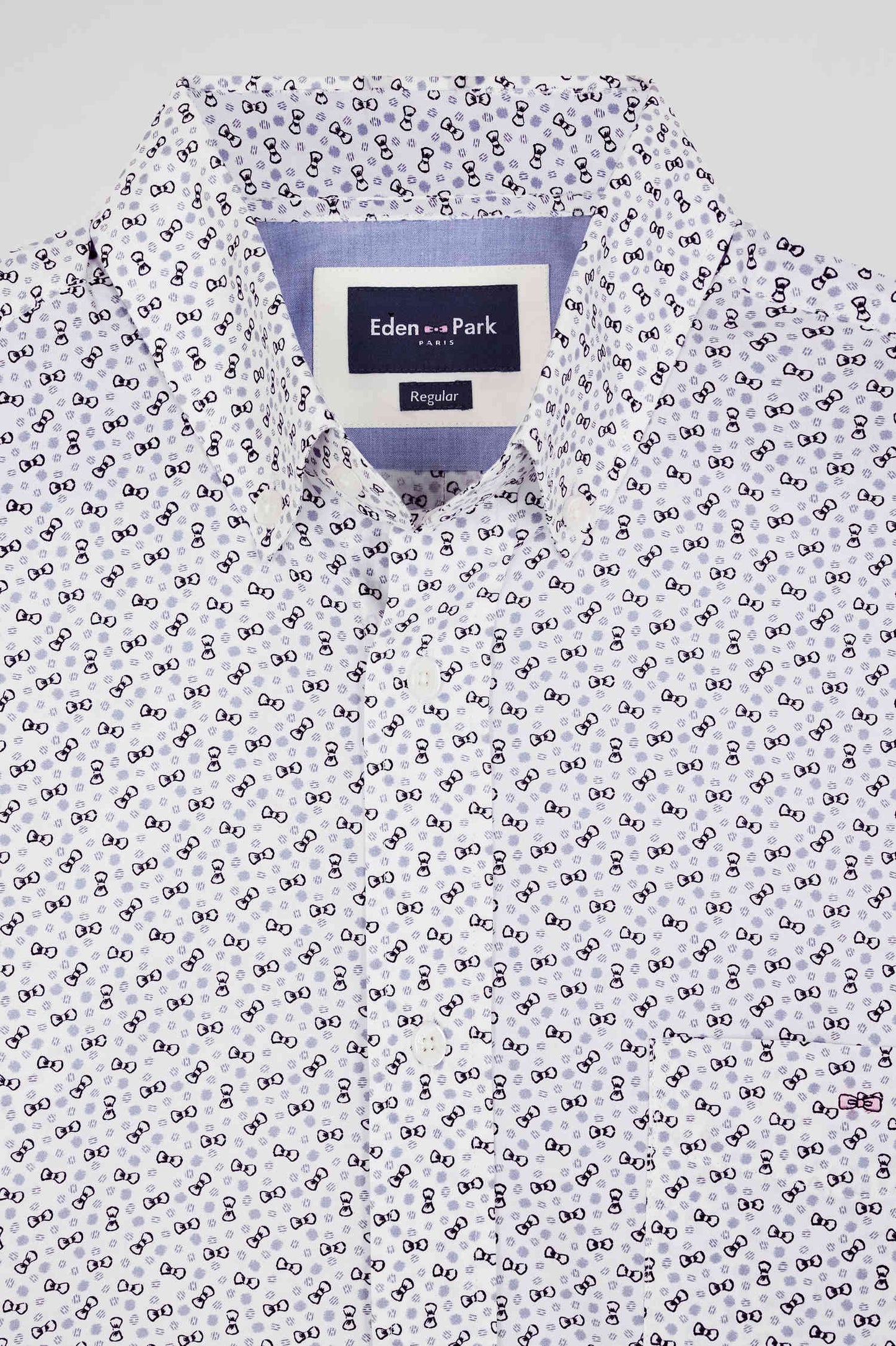 Regular ecru cotton short-sleeved shirt with microprint