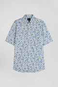 Regular ecru cotton short-sleeved shirt with micro floral print