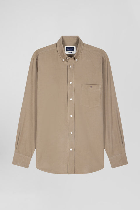 Plain beige corduroy shirt with button-down collar and chest pocket Regular fit - Image 2