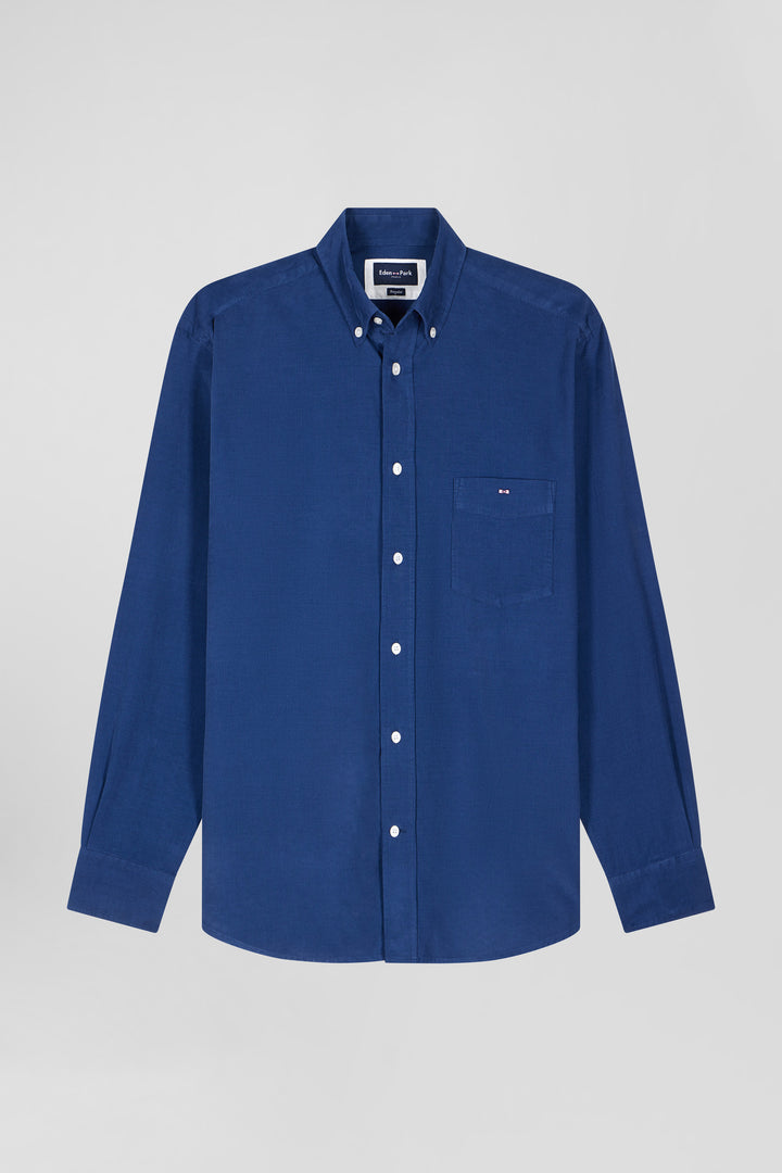 Chemise en coton uni bleu indigo col boutonné et poche poitrine coupe Regular