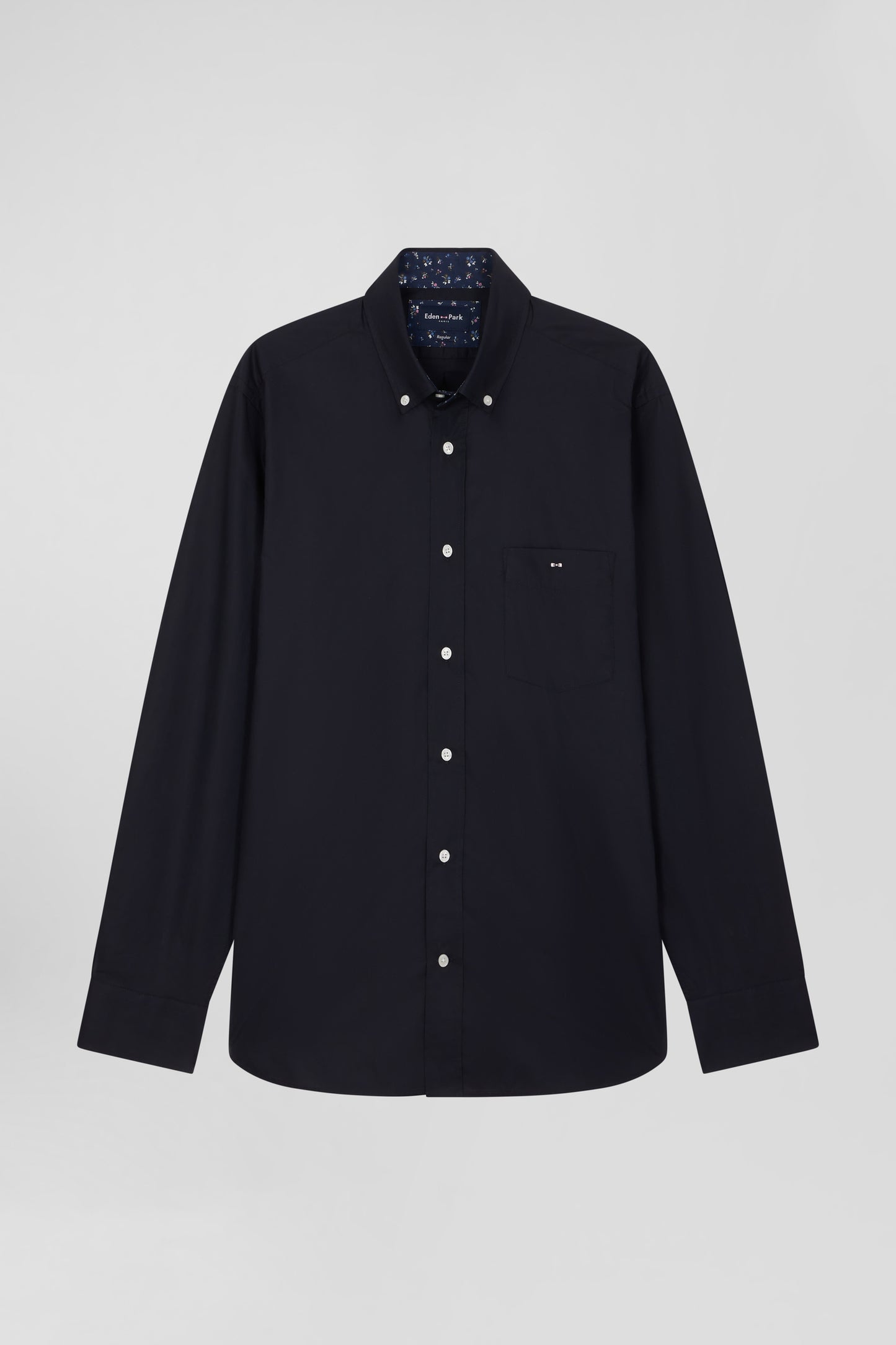 Regular navy blue cotton poplin shirt with button-down collar and printed elbow patches