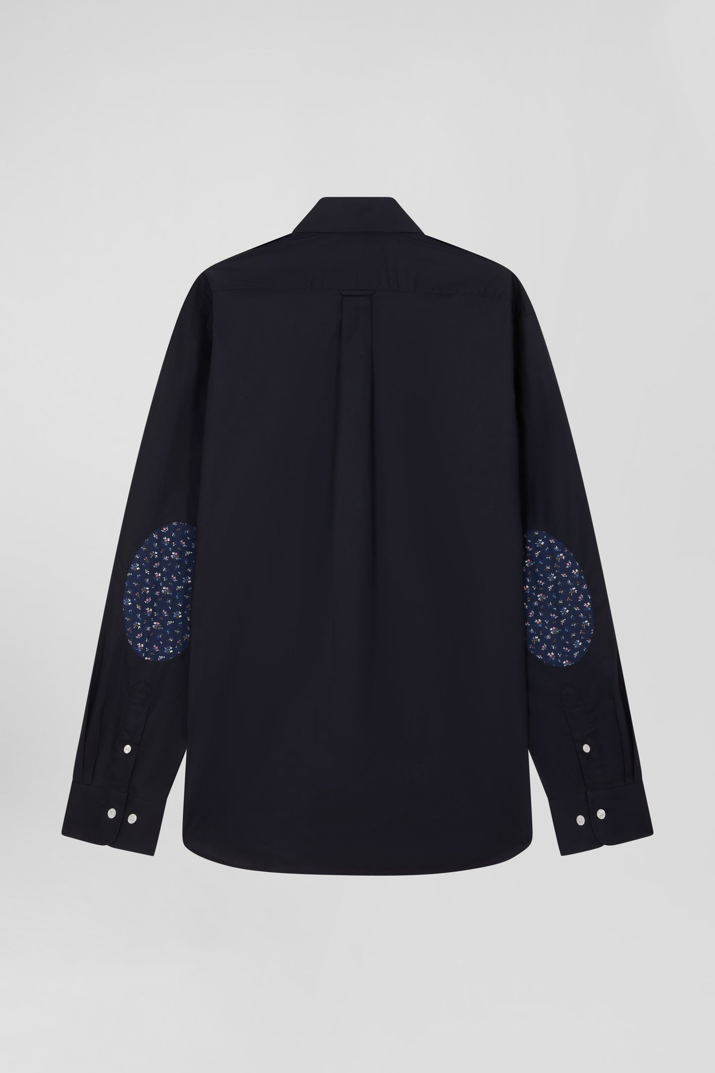 Regular navy blue cotton poplin shirt with button-down collar and printed elbow patches