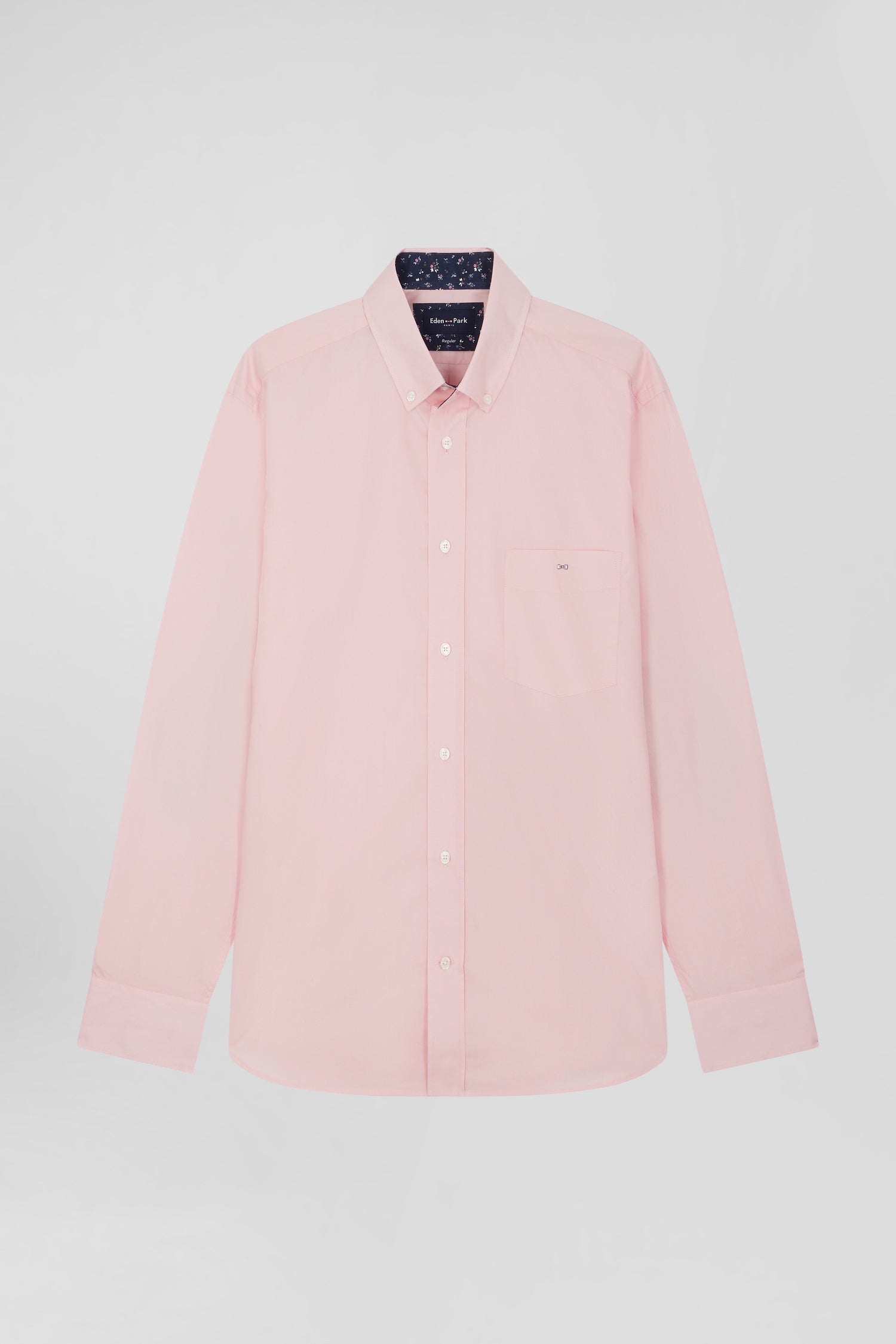 Regular pink cotton poplin shirt with button-down collar and printed elbow patches