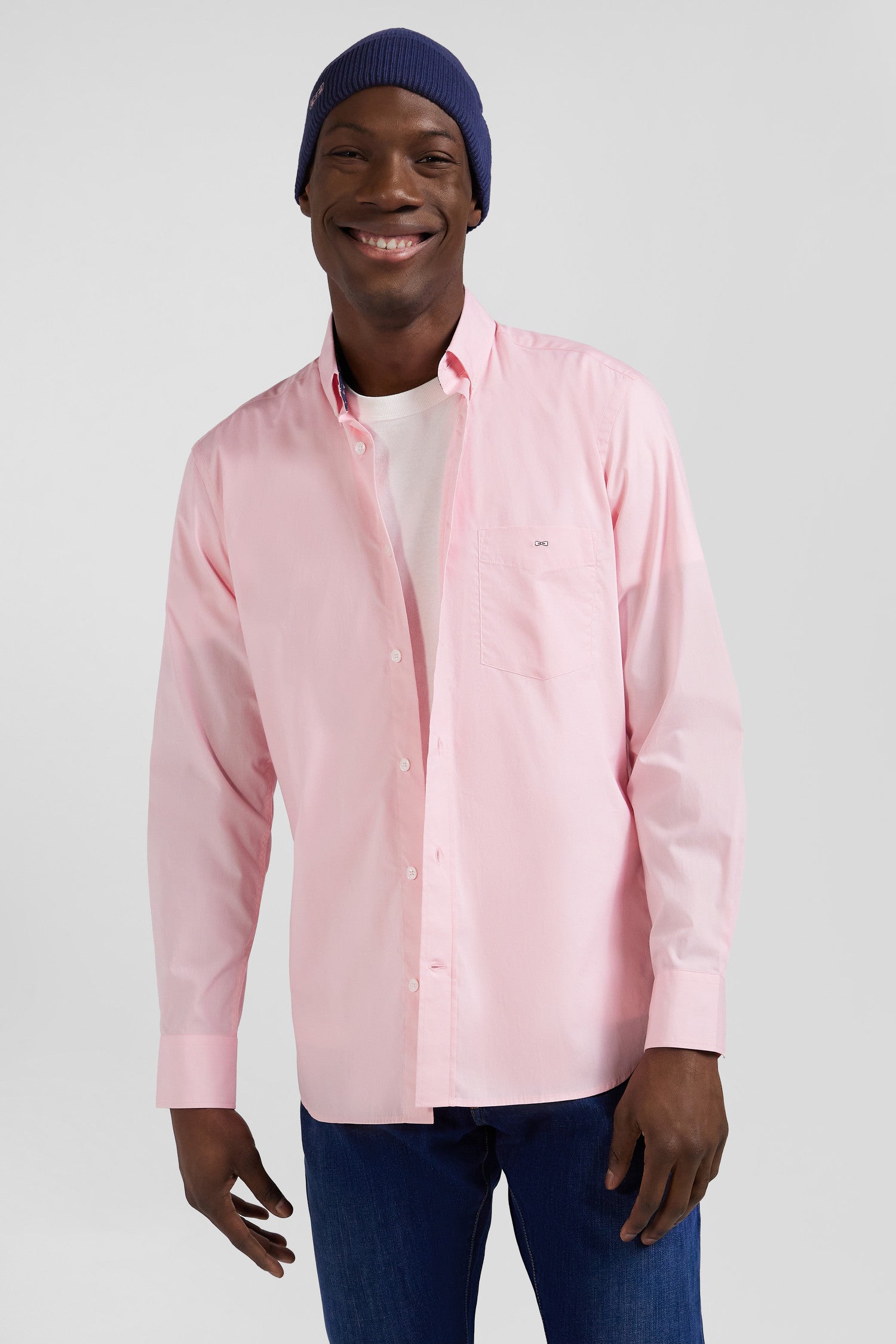 Regular pink cotton poplin shirt with button-down collar and printed elbow patches