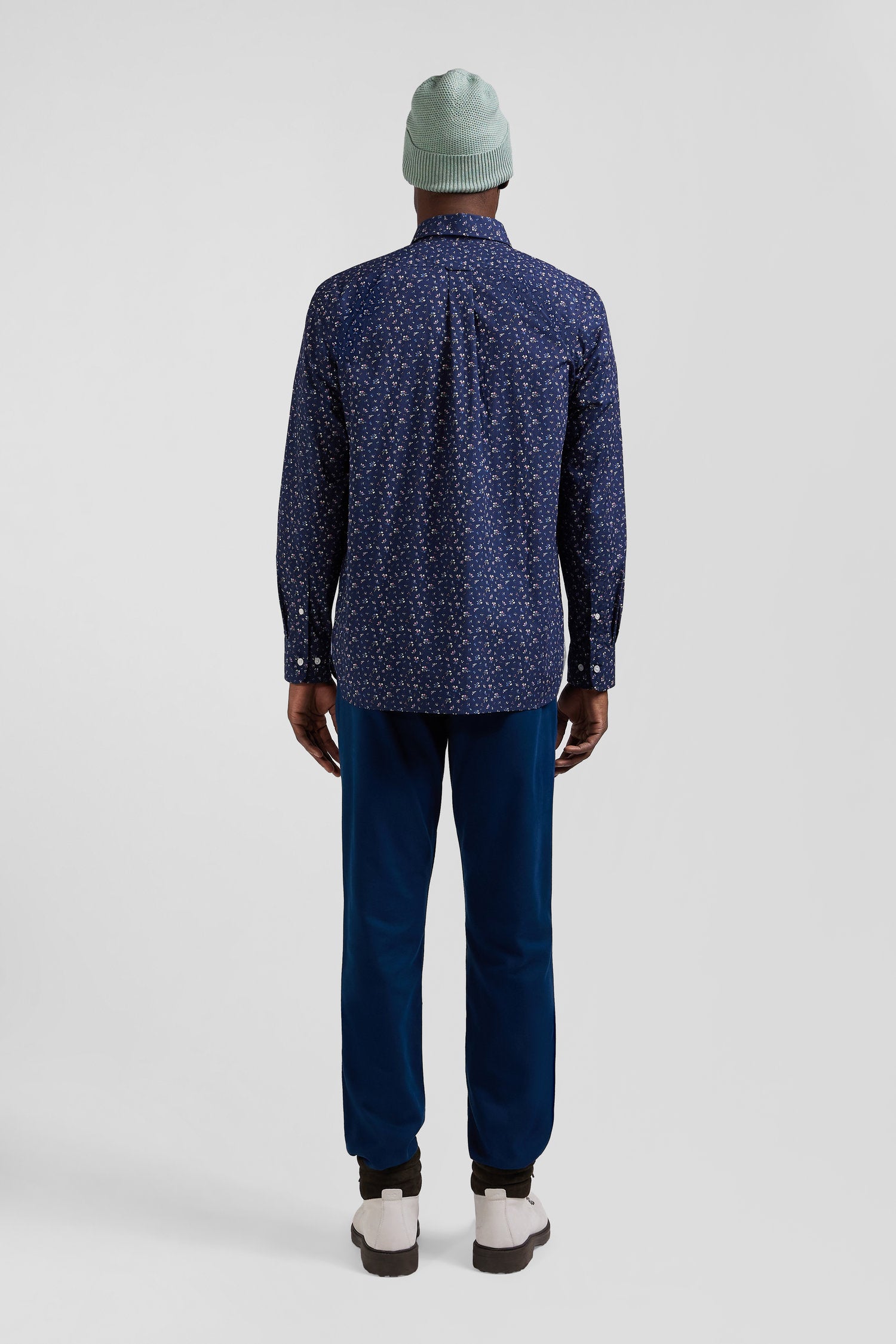 Regular navy blue cotton poplin shirt with micro floral print