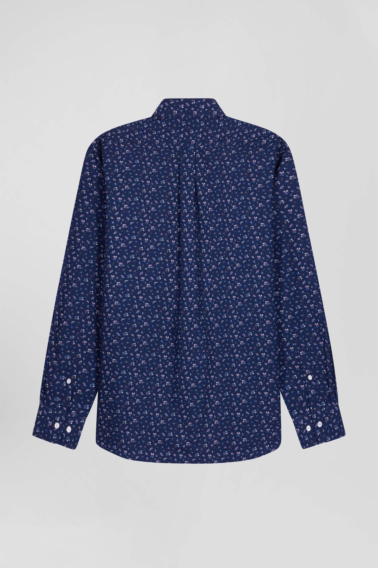 Regular navy blue cotton poplin shirt with micro floral print