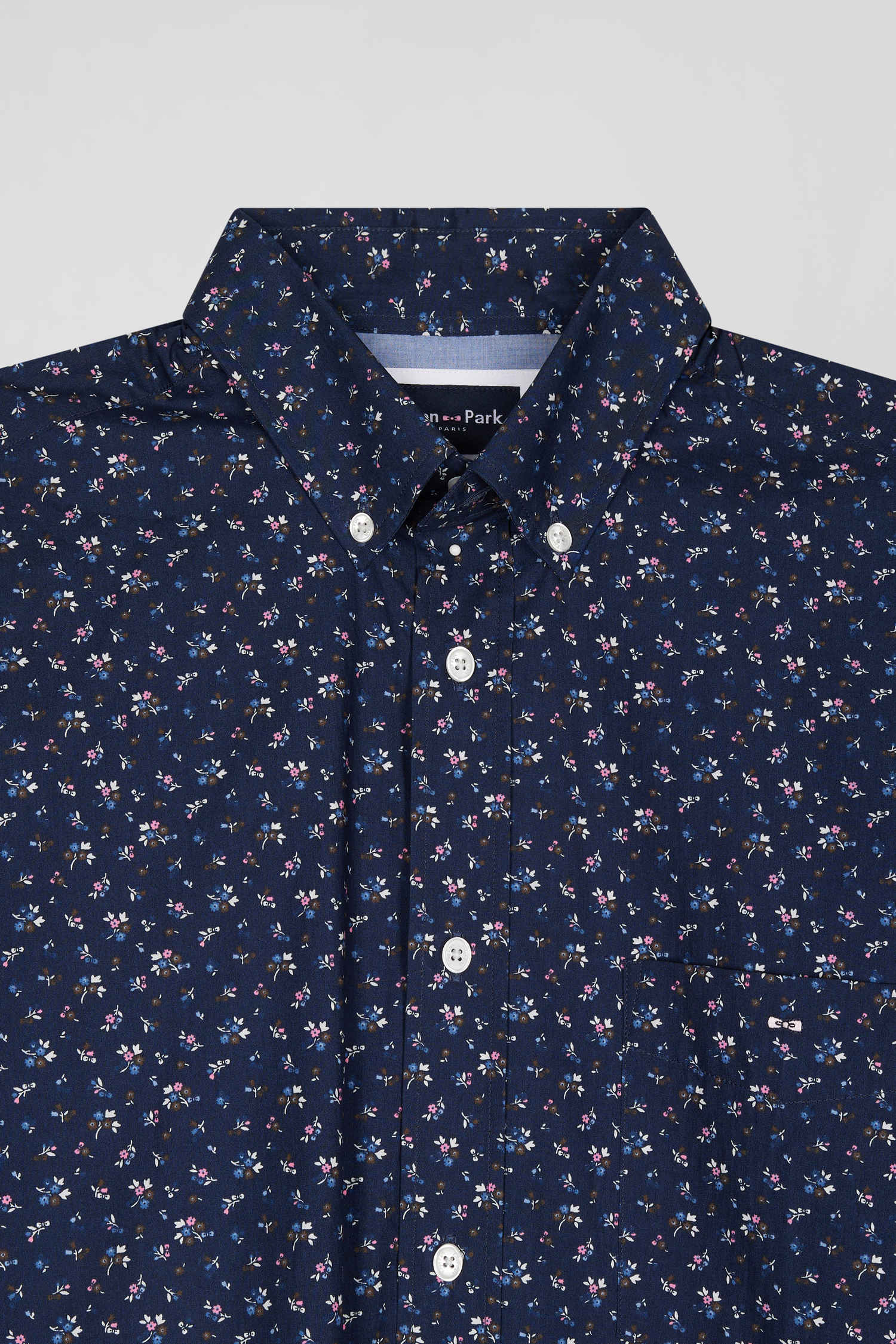 Regular navy blue cotton poplin shirt with micro floral print