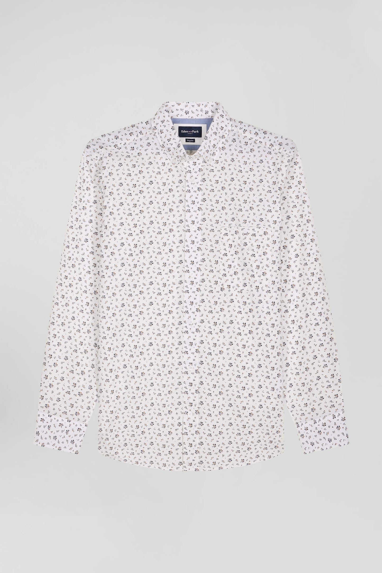 Regular ecru cotton poplin shirt with micro floral print