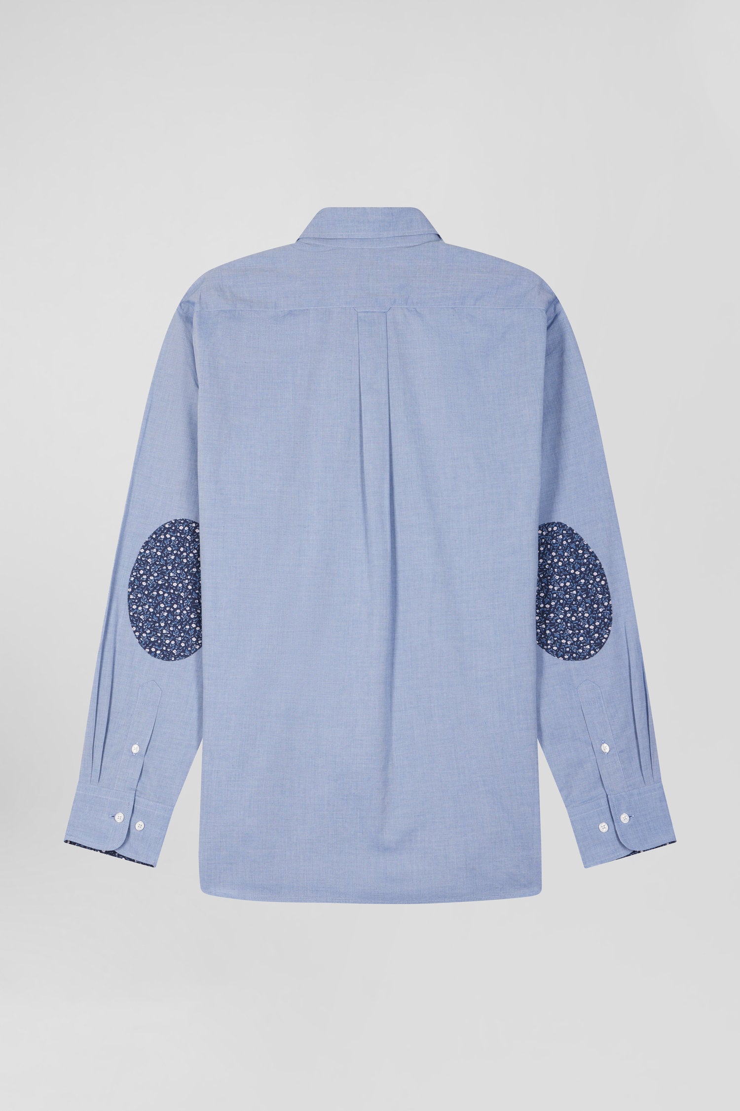 Regular sky blue cotton denim shirt with printed elbow patches