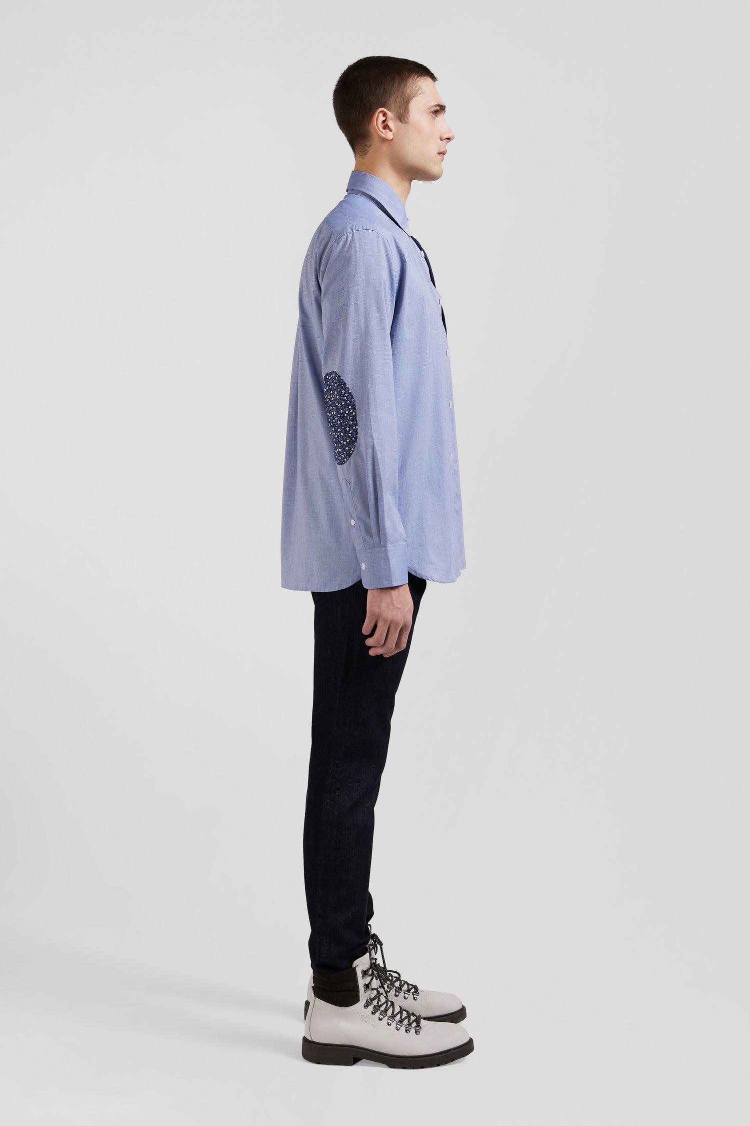 Regular sky blue cotton denim shirt with printed elbow patches