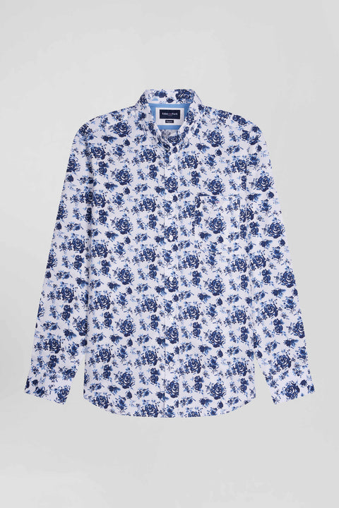 Regular white cotton twill shirt with blue floral print - Image 2