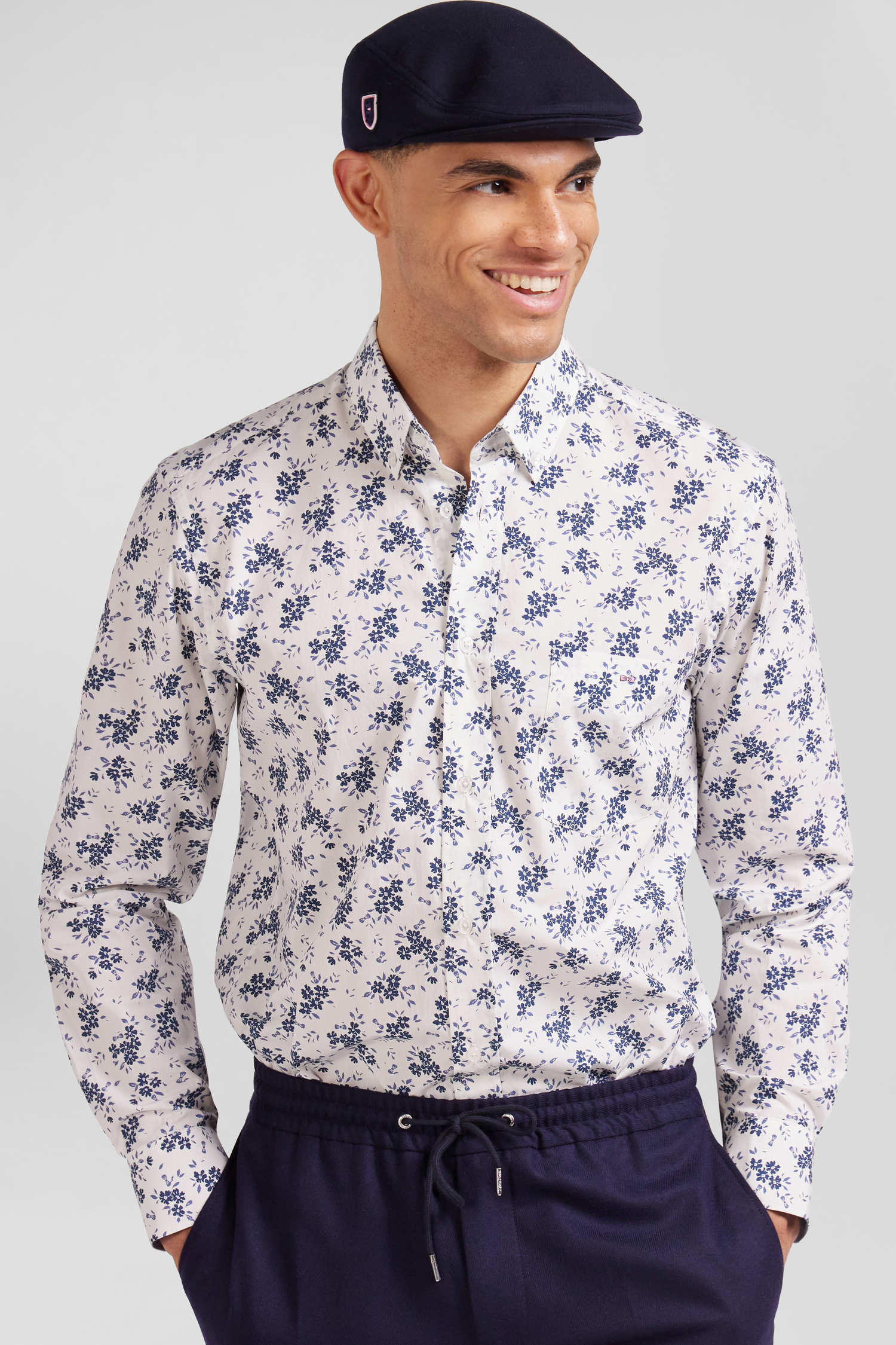 Chemise en popeline de coton écrue imprimé floral marine coupe Regular