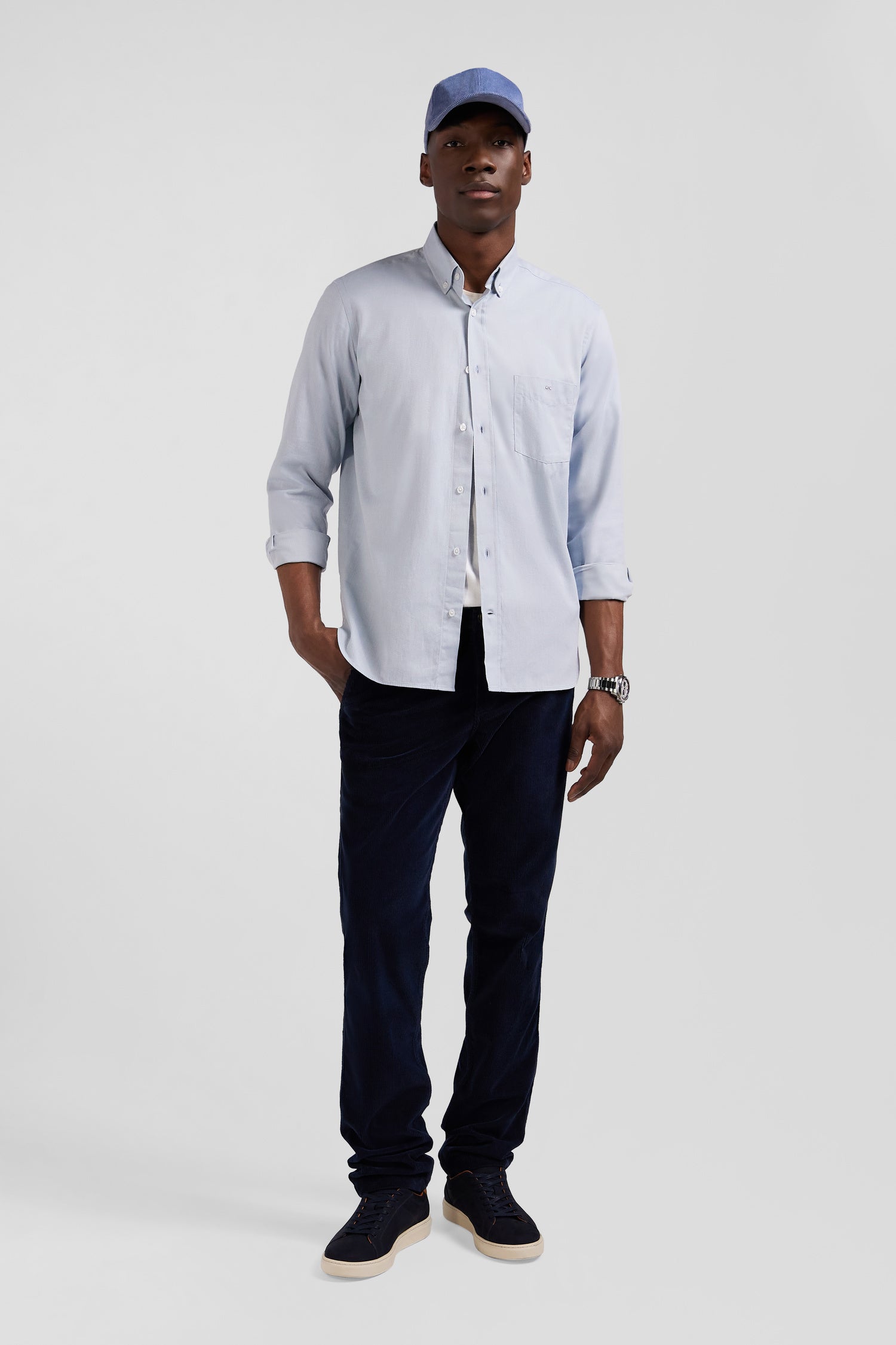 Regular plain sky blue cotton twill shirt with button-down collar