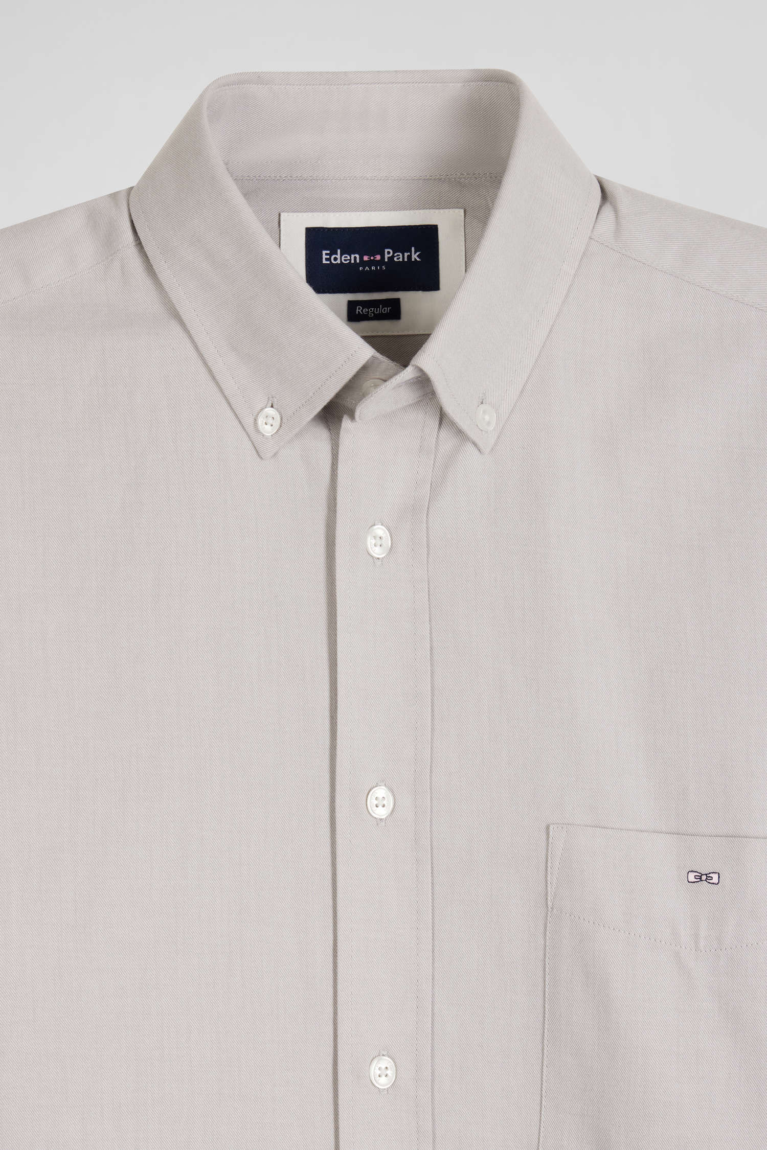 Regular plain grey cotton twill shirt with button-down collar