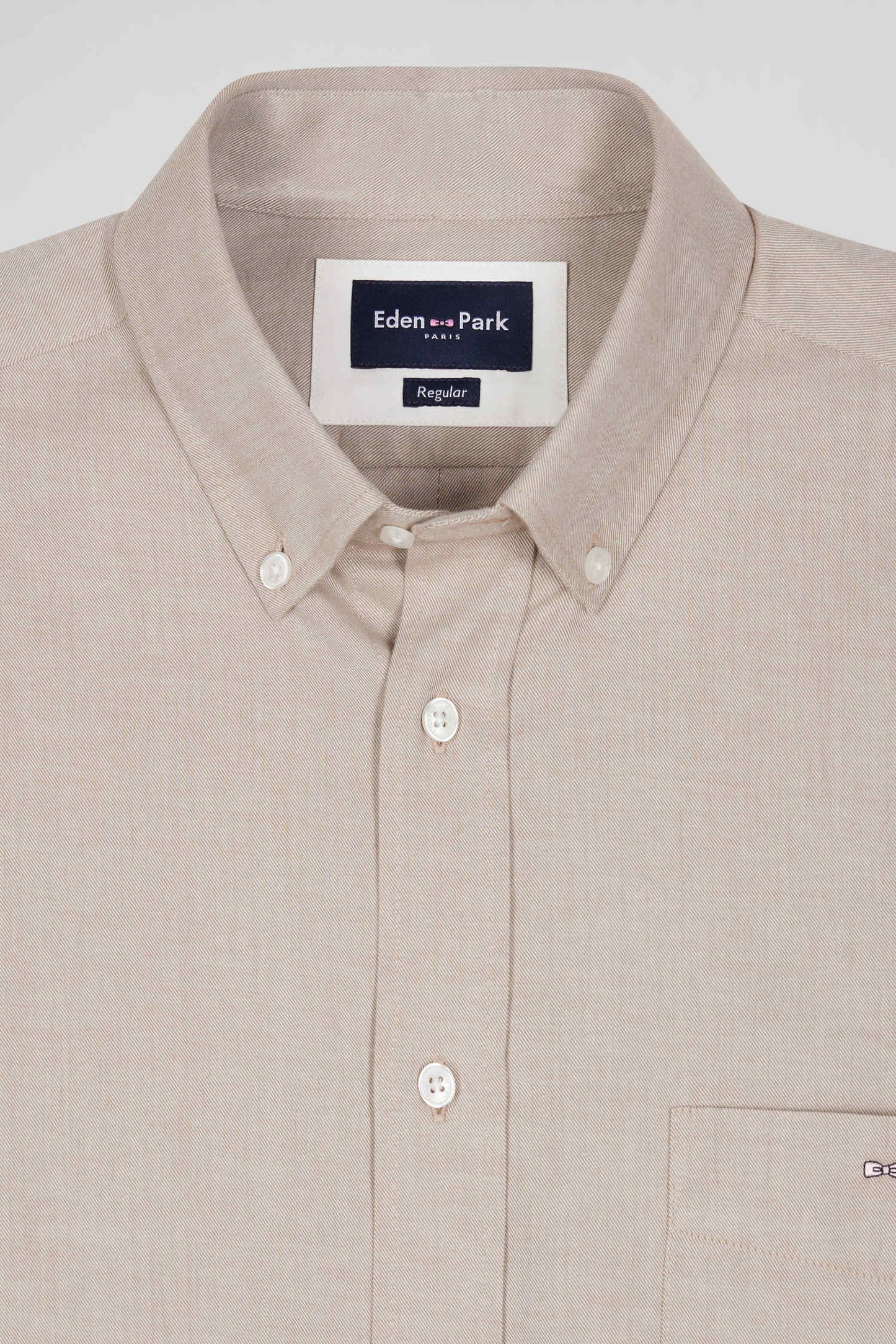 Regular plain brown cotton twill shirt with button-down collar