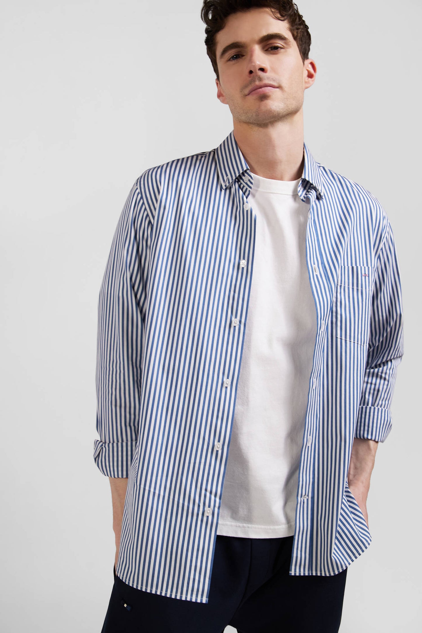 Regular blue striped cotton poplin shirt