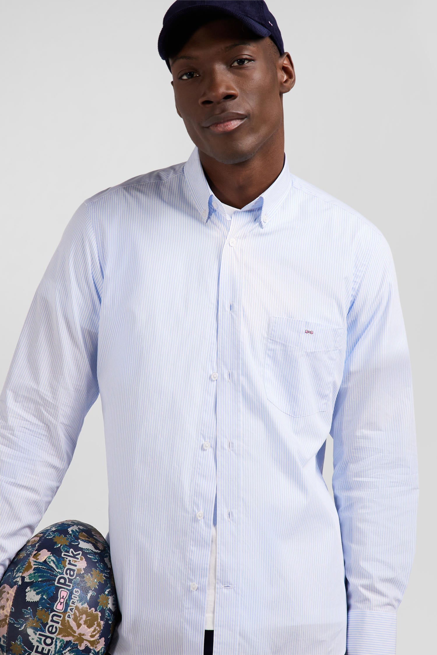 Regular sky blue striped cotton jacquard shirt