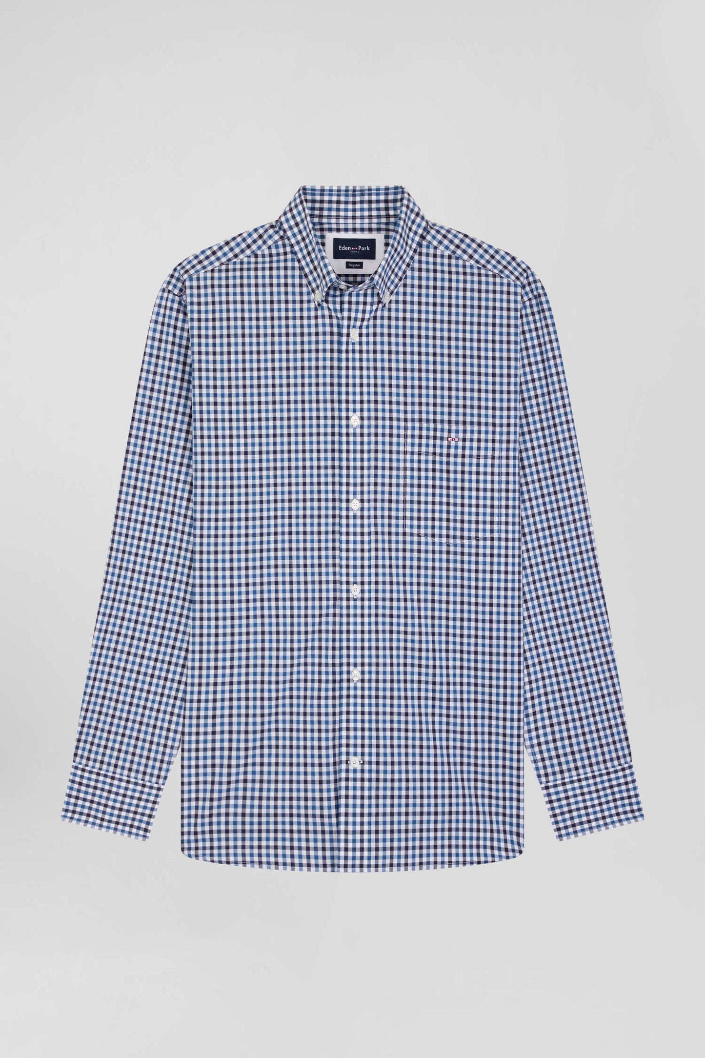 Regular navy blue and white checked cotton poplin shirt