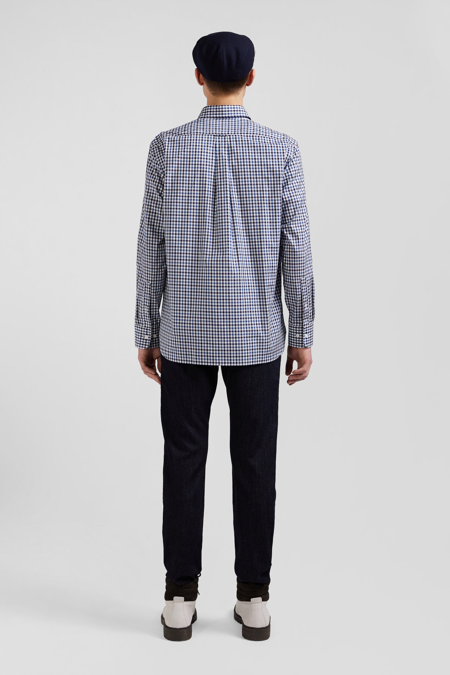 Regular navy blue and white checked cotton poplin shirt