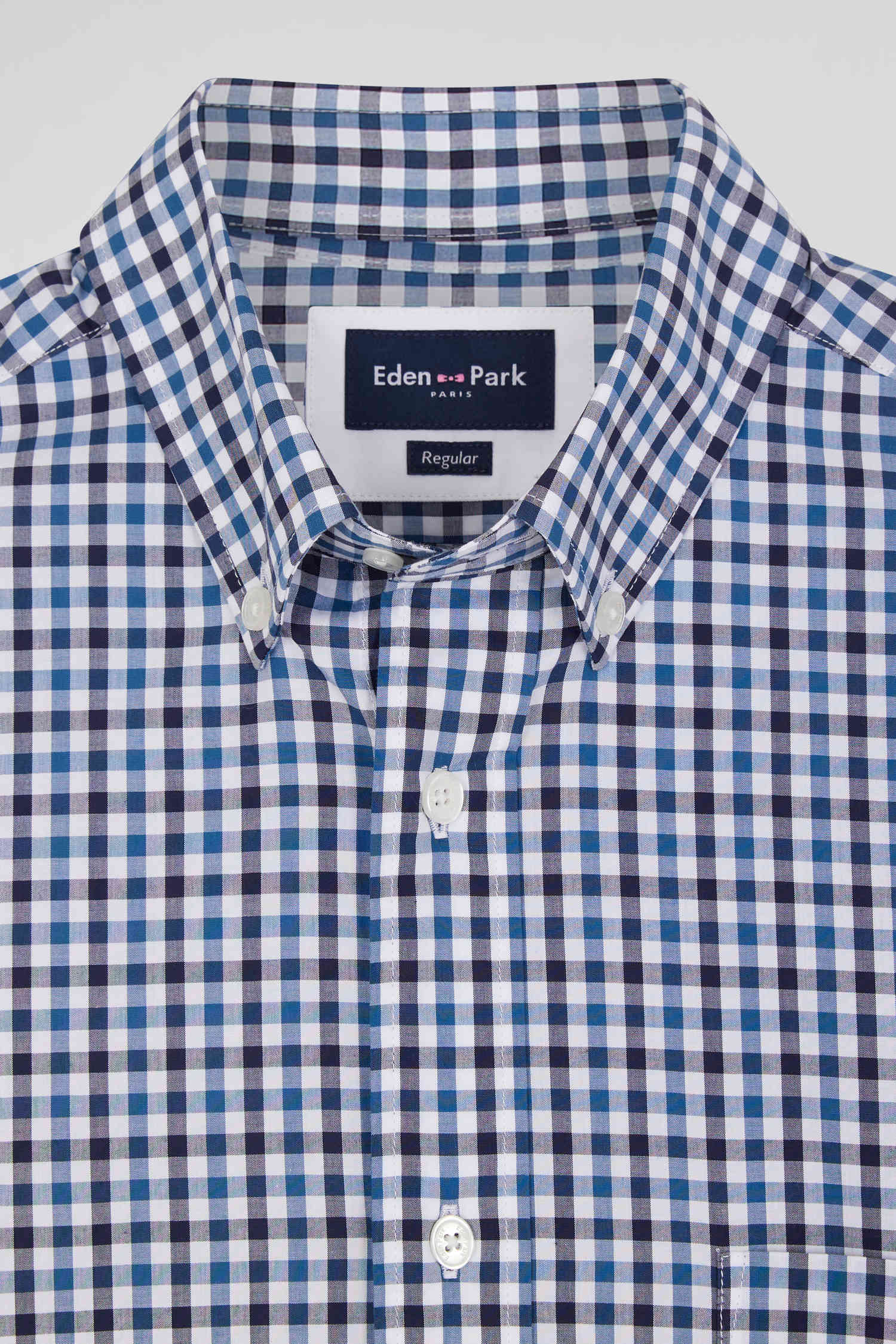 Regular navy blue and white checked cotton poplin shirt