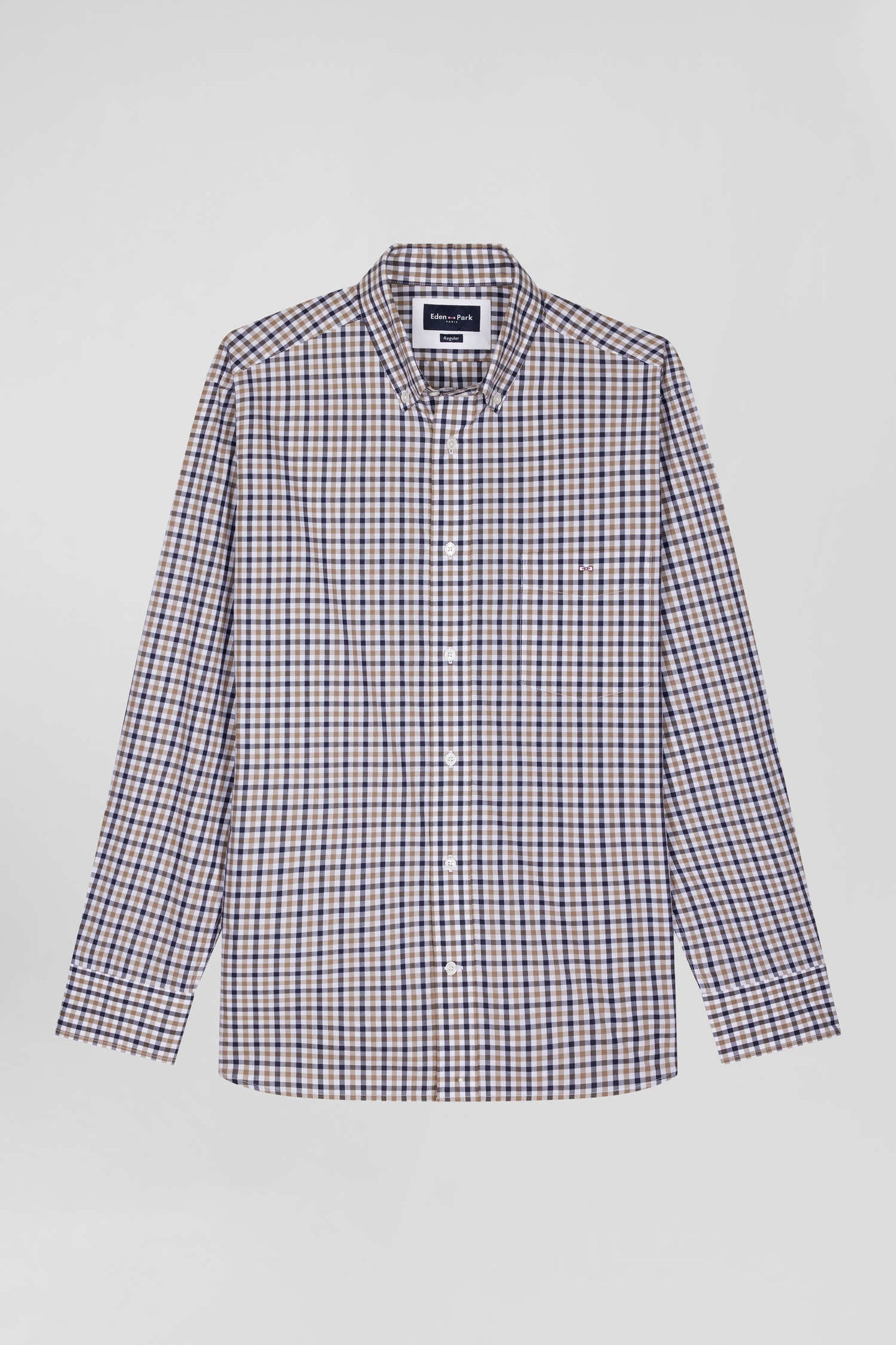 Regular brown and white checked cotton poplin shirt