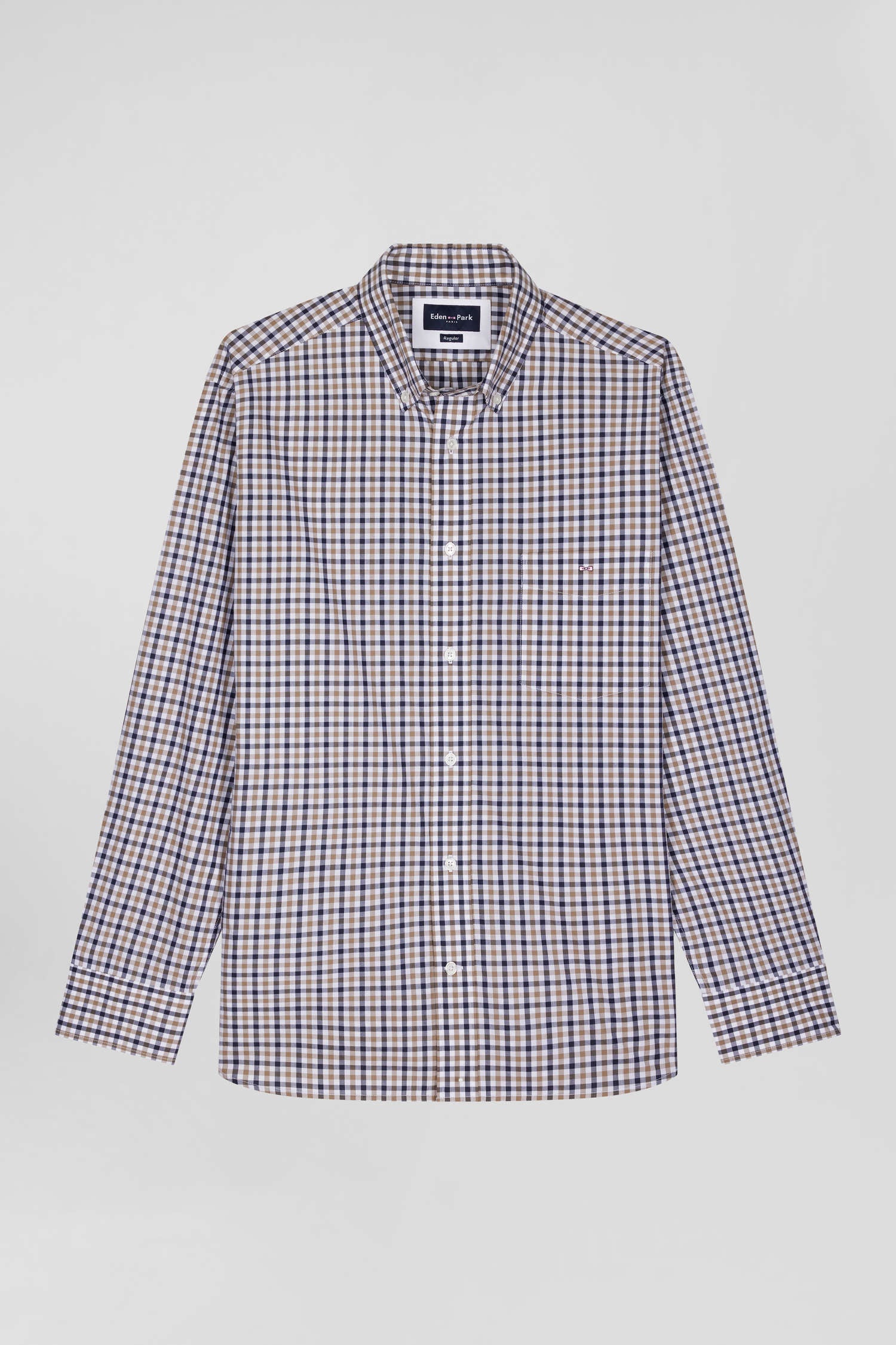 Regular brown and white checked cotton poplin shirt