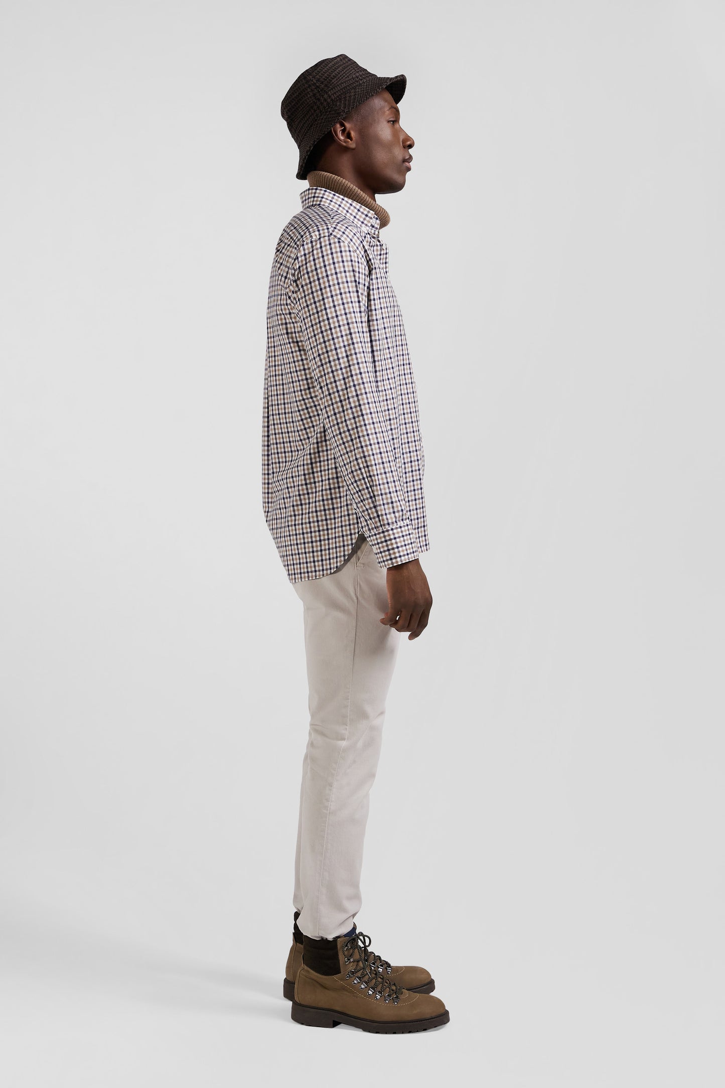 Regular brown and white checked cotton poplin shirt