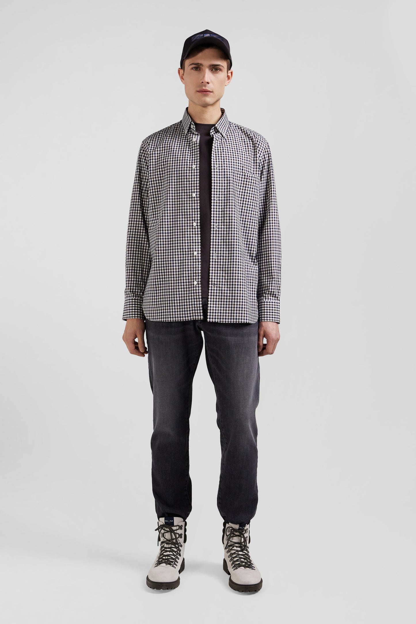 Regular navy and white checked cotton poplin shirt