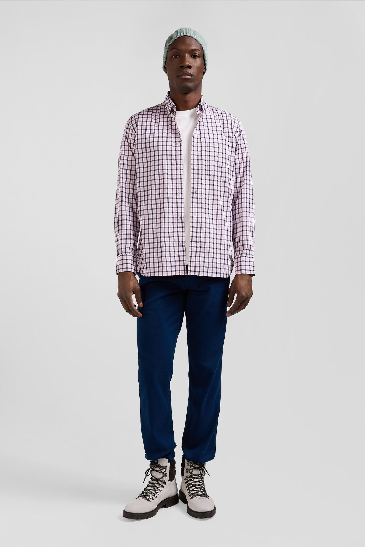 Regular pink and white checked cotton poplin shirt