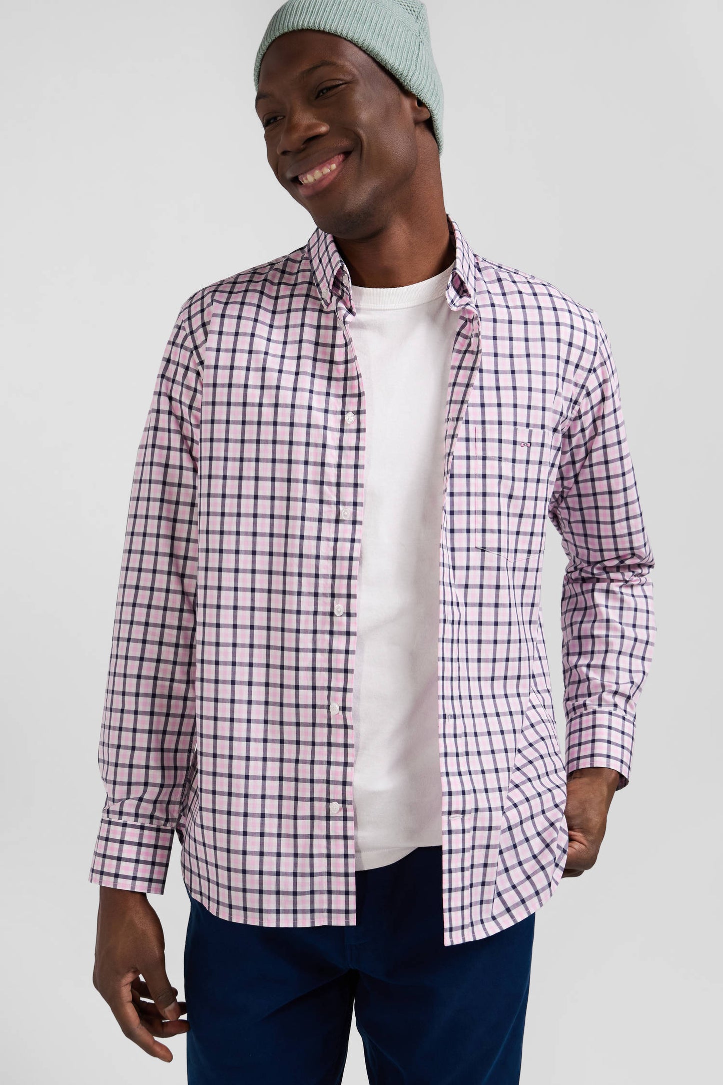 Regular pink and white checked cotton poplin shirt