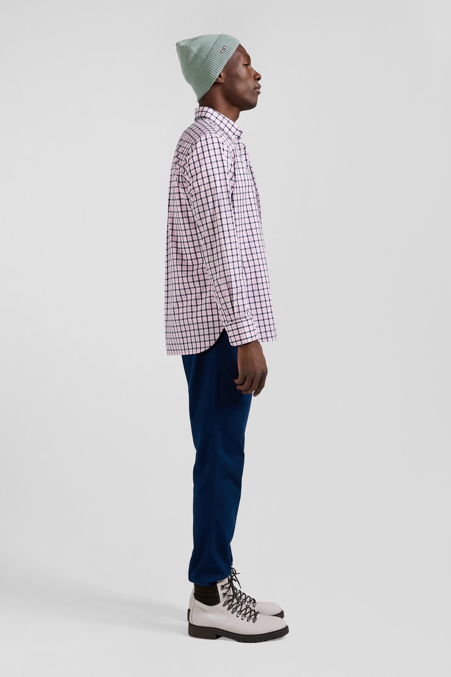 Regular pink and white checked cotton poplin shirt