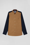 Regular camel pinpoint cotton bicolour shirt with back embroidery