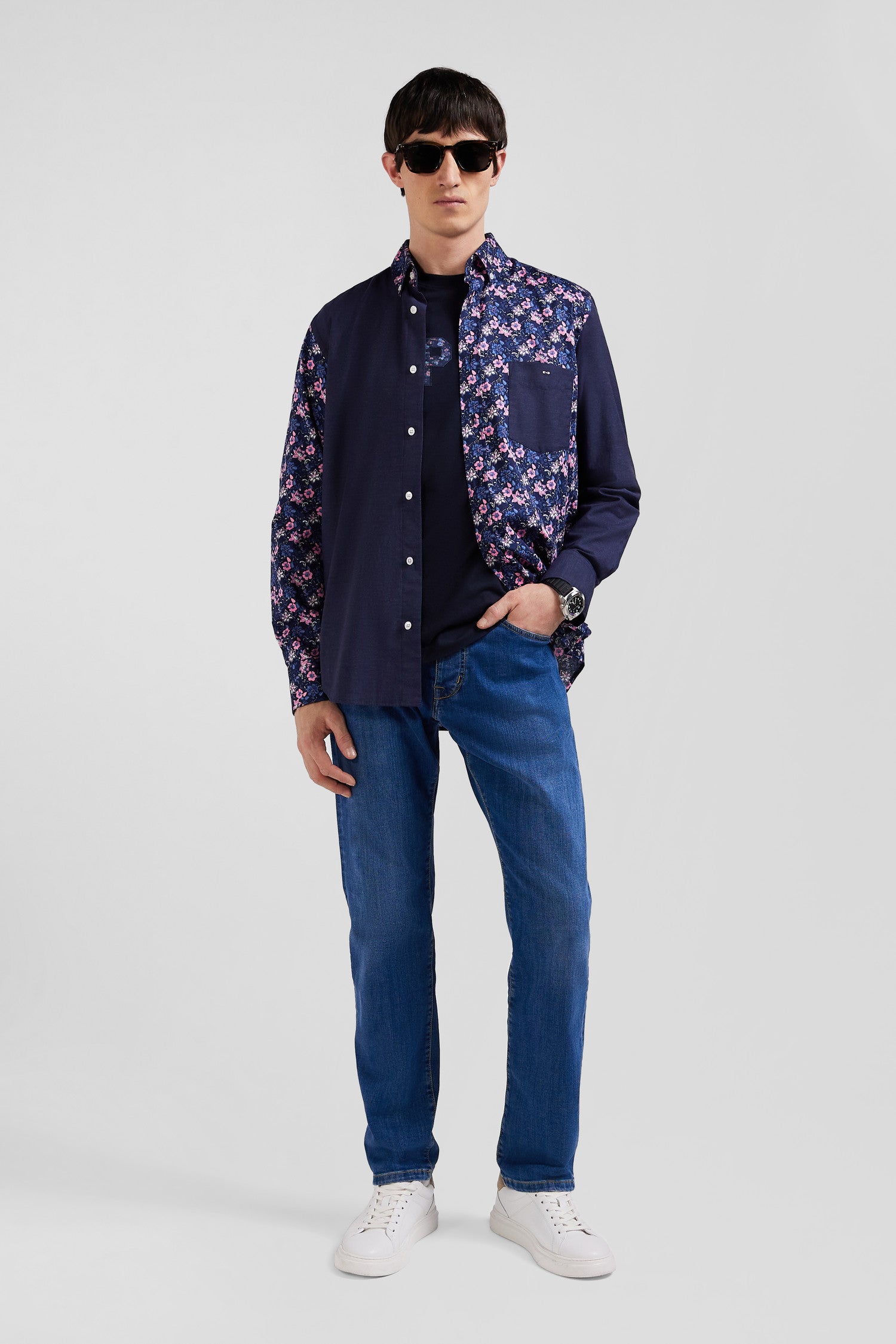 Regular navy blue cotton twill shirt with micro floral print