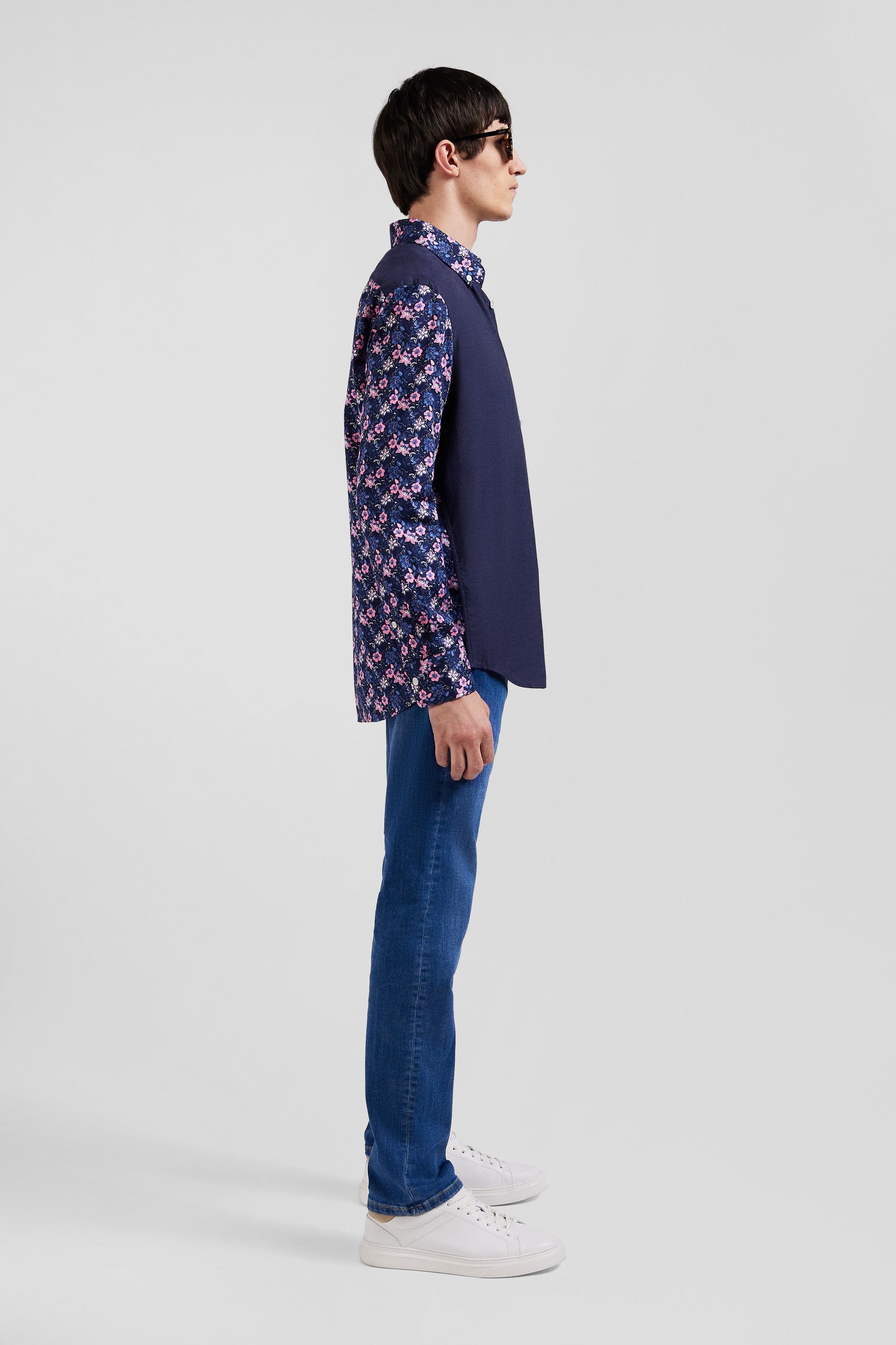 Regular navy blue cotton twill shirt with micro floral print