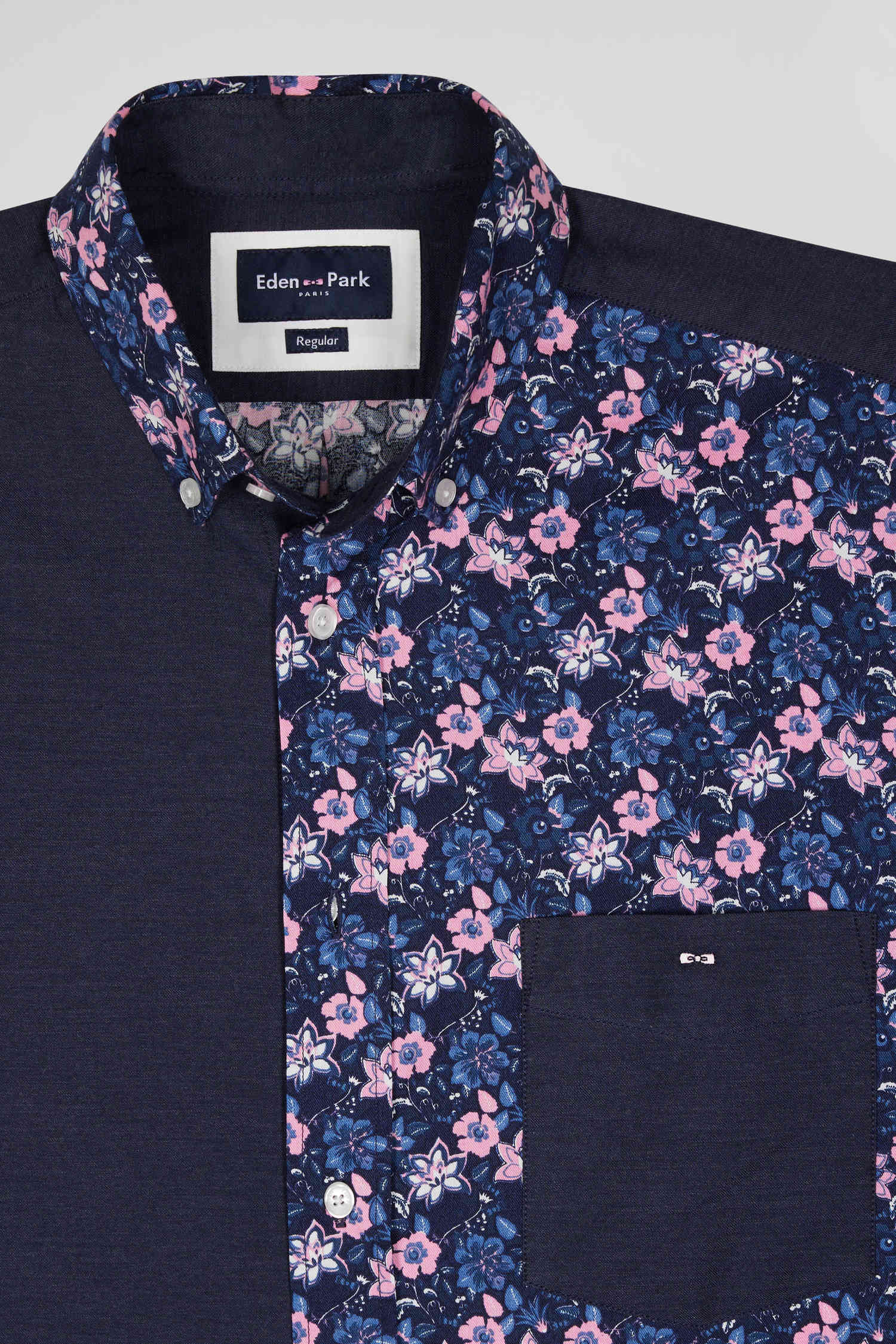 Regular navy blue cotton twill shirt with micro floral print